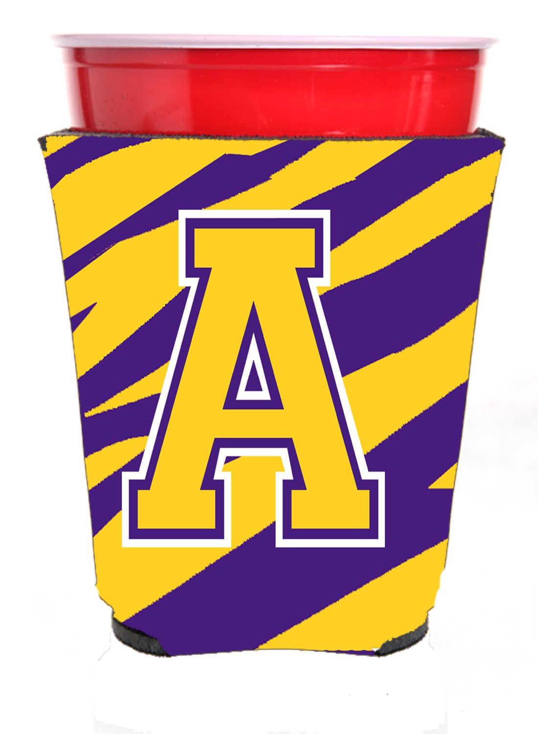 Purple & Gold Letter A Monogram Tiger Stripe Red Solo Cup Beverage Insulator Hugger - Personalized Drink Cozy for Parties, Tailgates & BBQs