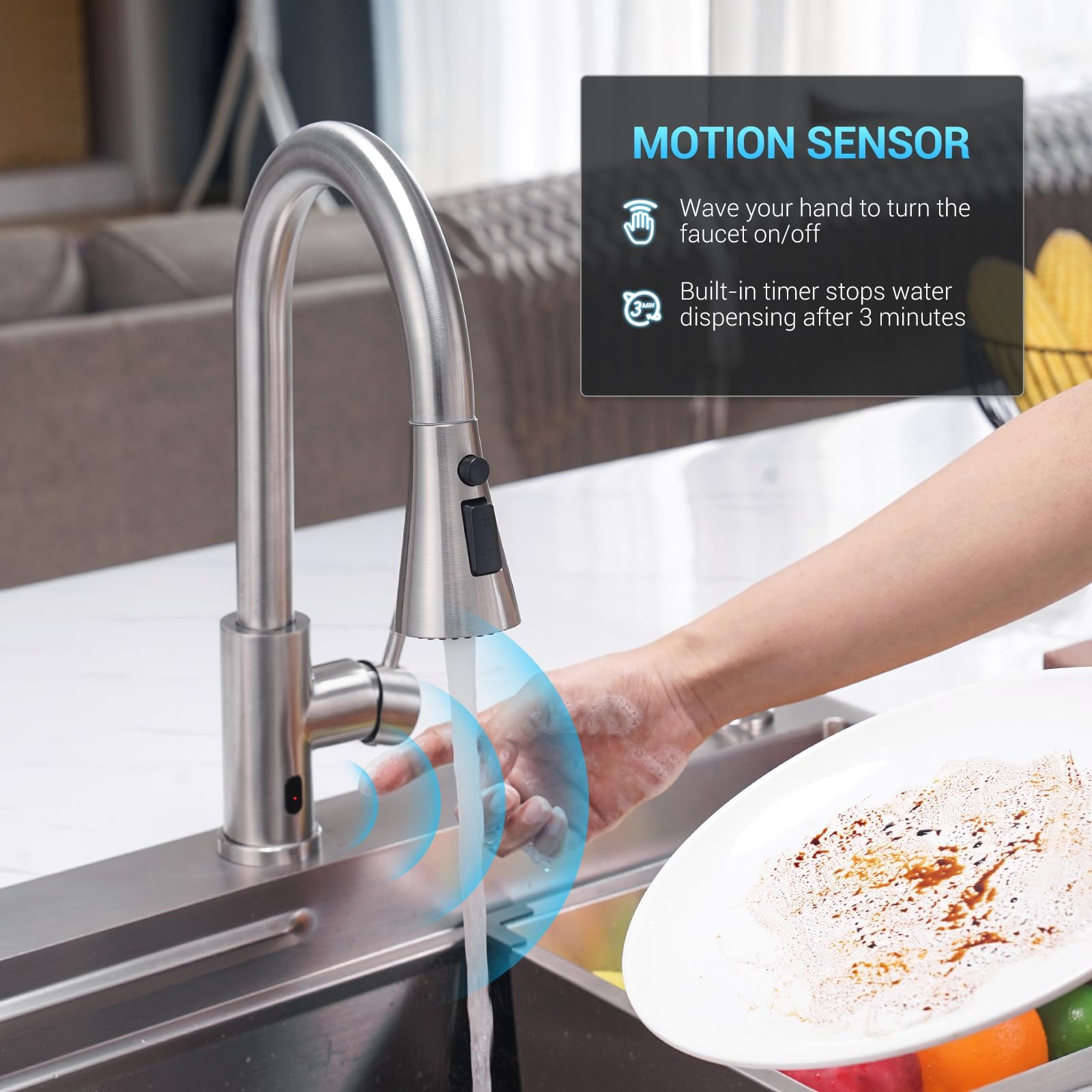 Hands-Free Touchless Kitchen Faucet with Pull-Down Sprayer & Soap Dispenser - Brushed Nickel Single Handle Sensor Faucet for 1 to 4 Hole Sinks - Ideal for Modern Kitchens, Busy Families & Hygienic Food Prep (Stainless Steel)