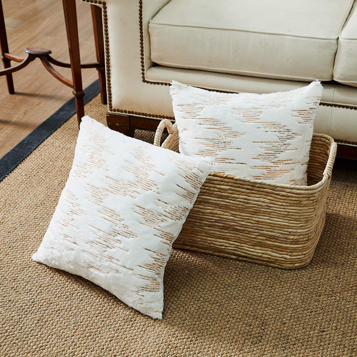 Luxury 18x18 Inch Throw Pillow Covers Set of 2 - White Faux Fur with Gold Embroidered Sequins, Soft Square Cushion Covers for Sofa, Bed & Home Decor (45x45 cm) - Perfect for Farmhouse, Living Room & Bedroom Accent Pillows