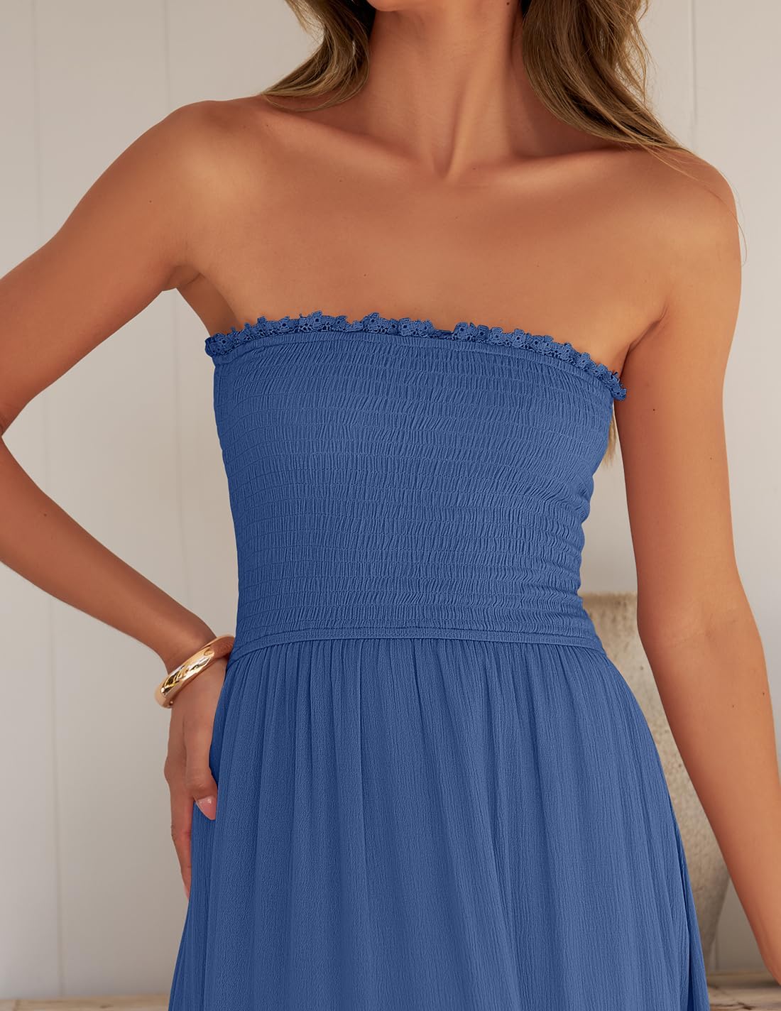 ZESICA Women's 2025 Summer Bohemian Strapless Off Shoulder Lace Trim Backless Flowy A-Line Long Maxi Dress for Beach Vacation, Wedding Guest, and Outdoor Party