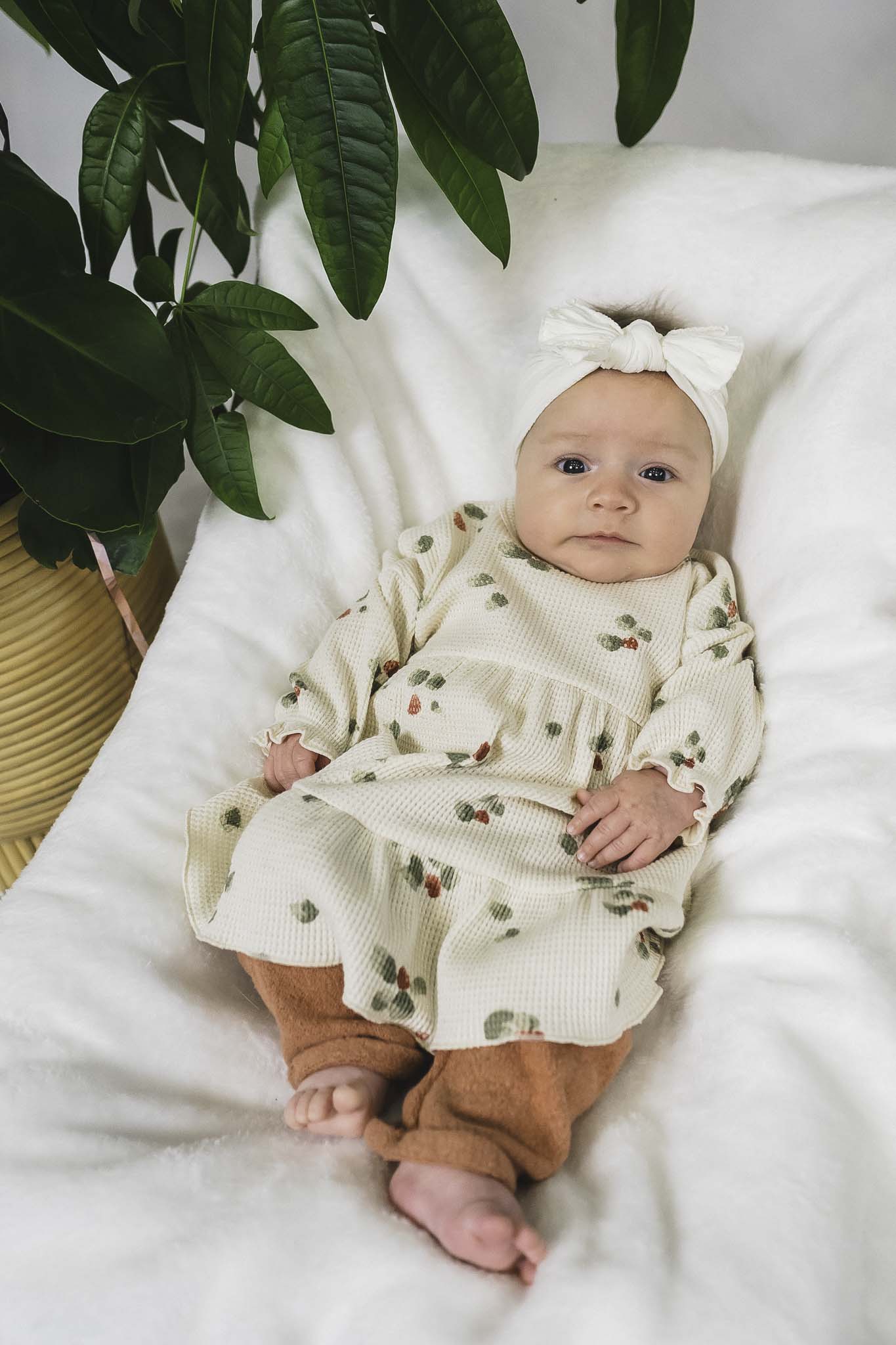 Adorable Cream Printed Interlock Dress for Baby Girls - Perfect for Birthday Parties, Family Photos & Special Occasions