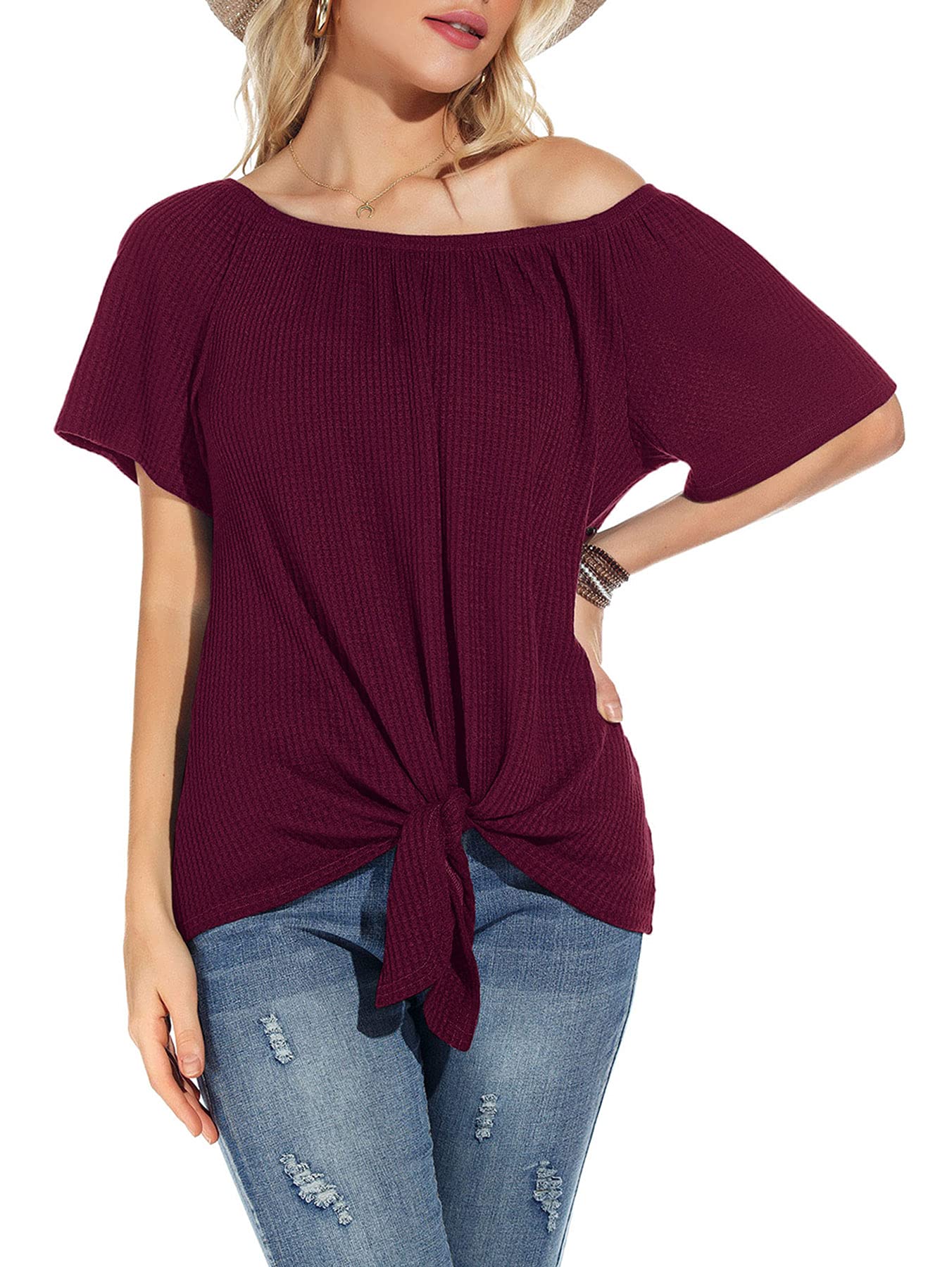 Women's Waffle Knit Off-Shoulder Top - Casual Short Sleeve Blouse with Tie Knot Detail | Summer Loose T-Shirt for Beach, Vacation & Date Nights