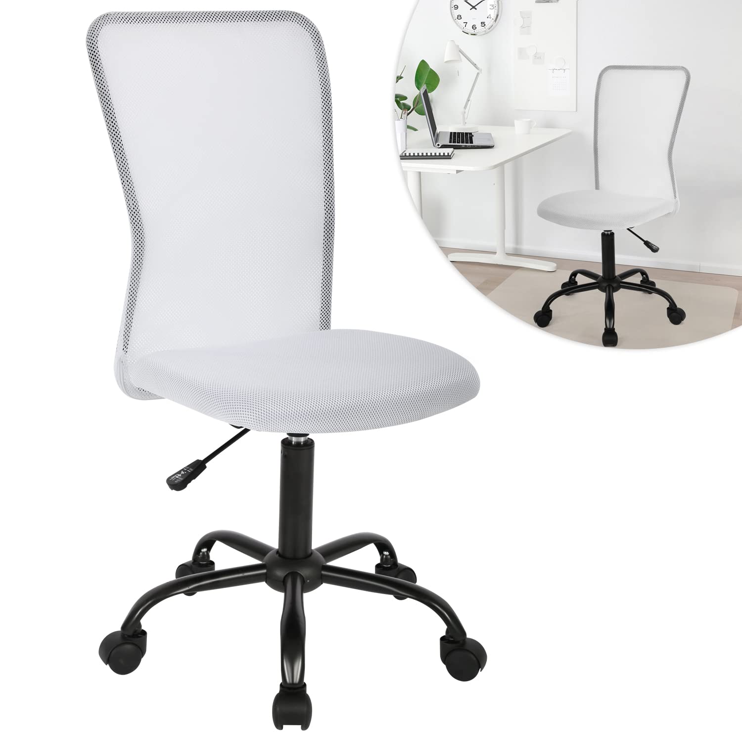 Ergonomic Armless Office Chair - Adjustable Height Mesh Computer Desk Chair with Lumbar Support, Rolling Swivel Task Chair for Small Spaces, White | Perfect for Home Office, Gaming & Workspace