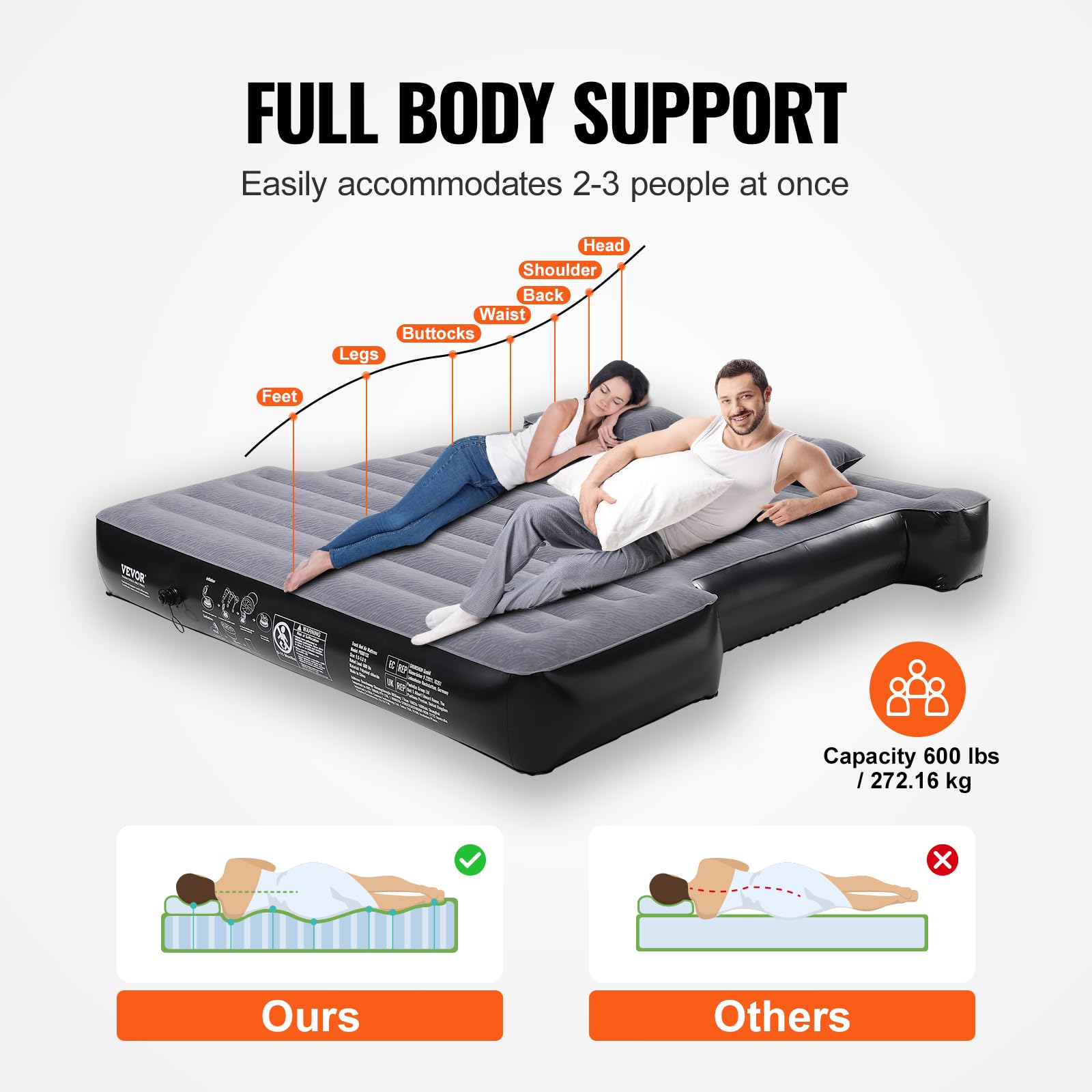 VEVOR Truck Bed Air Mattress for 5.5-5.8 ft Short Truck Beds - Inflatable Camping Mattress with 12V Air Pump, 2 Pillows & Carry Bag | Fits Silverado, RAM, F150, Sierra, Titan, Tundra | Perfect for Road Trips, Camping & Outdoor Adventures