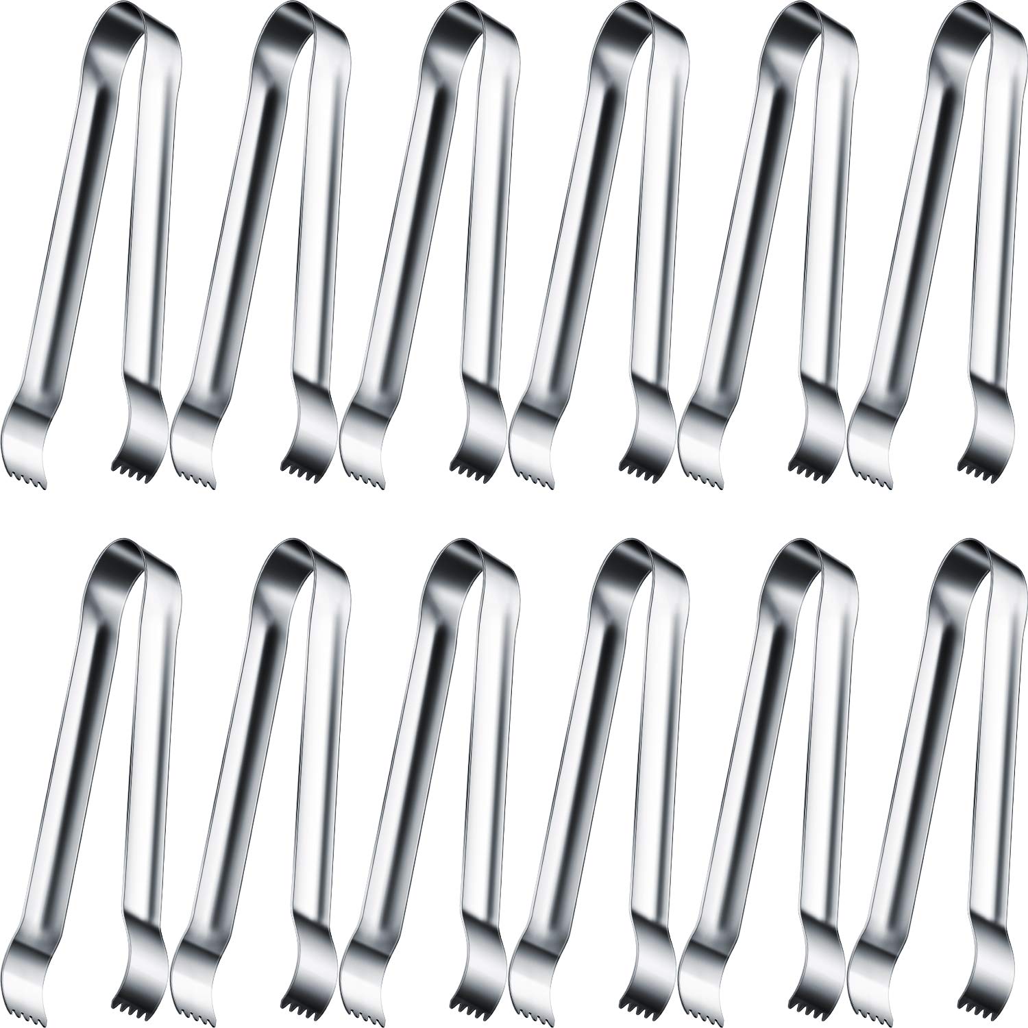 12-Piece Stainless Steel Sugar Ice Tongs - Mini Serving Tongs for Appetizers, Tea Parties, Coffee Bars & Kitchen Use (Silver Curved Tip) - Perfect for Cocktails, Desserts, and Small Food Serving