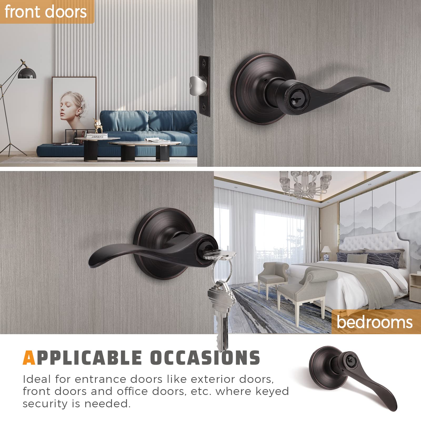 KNOBWELL 1 Pack Oil Rubbed Bronze Front Door Handle Set - Exterior Keyed Entry Door Lever with Left/Right Handed Design - Perfect for Home, Office & Commercial Entrance Security