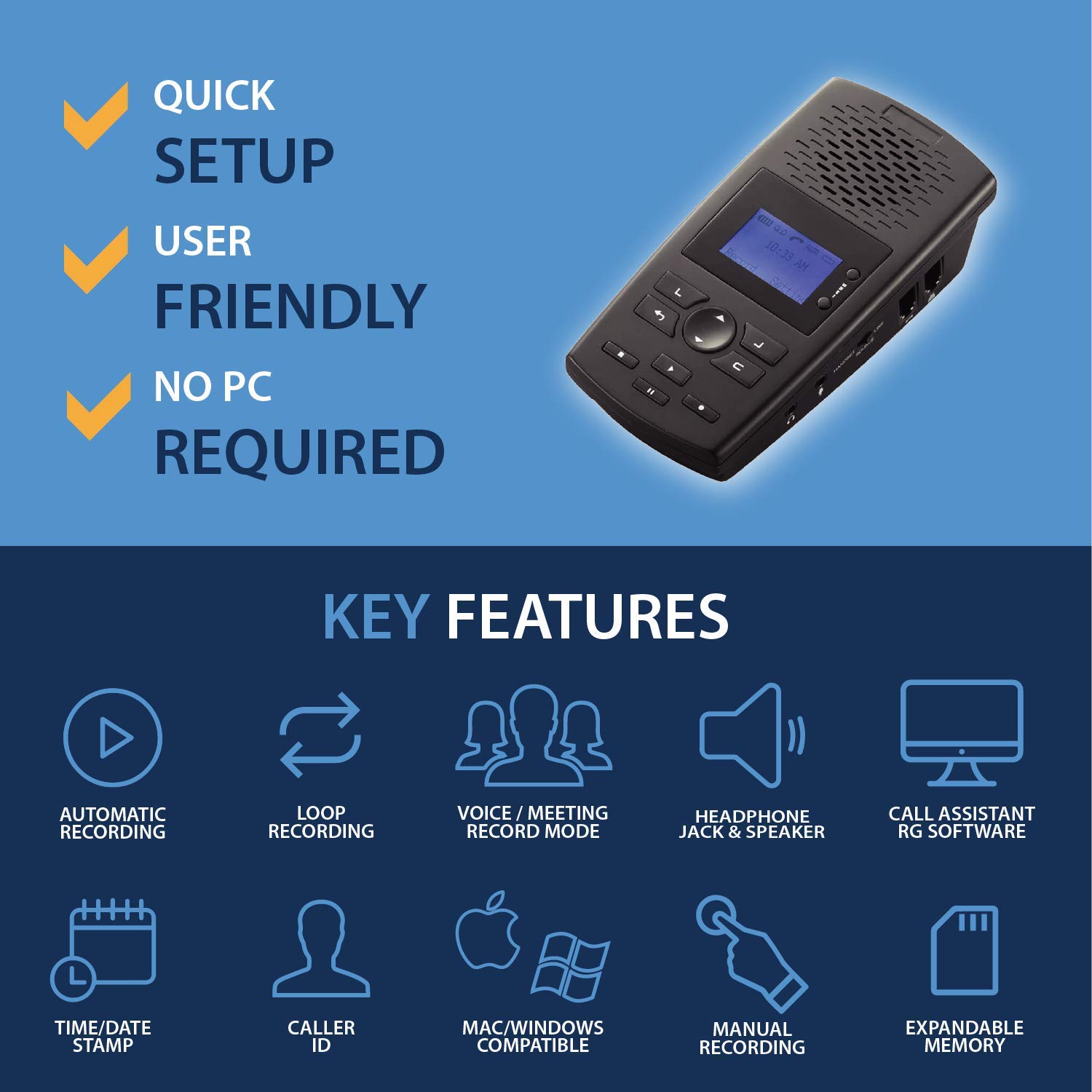 RecorderGear TR600 Landline Phone Call Recorder - Analog/IP/Digital Line Compatible, 16GB Memory, Automatic Recording Device for Home & Office Use