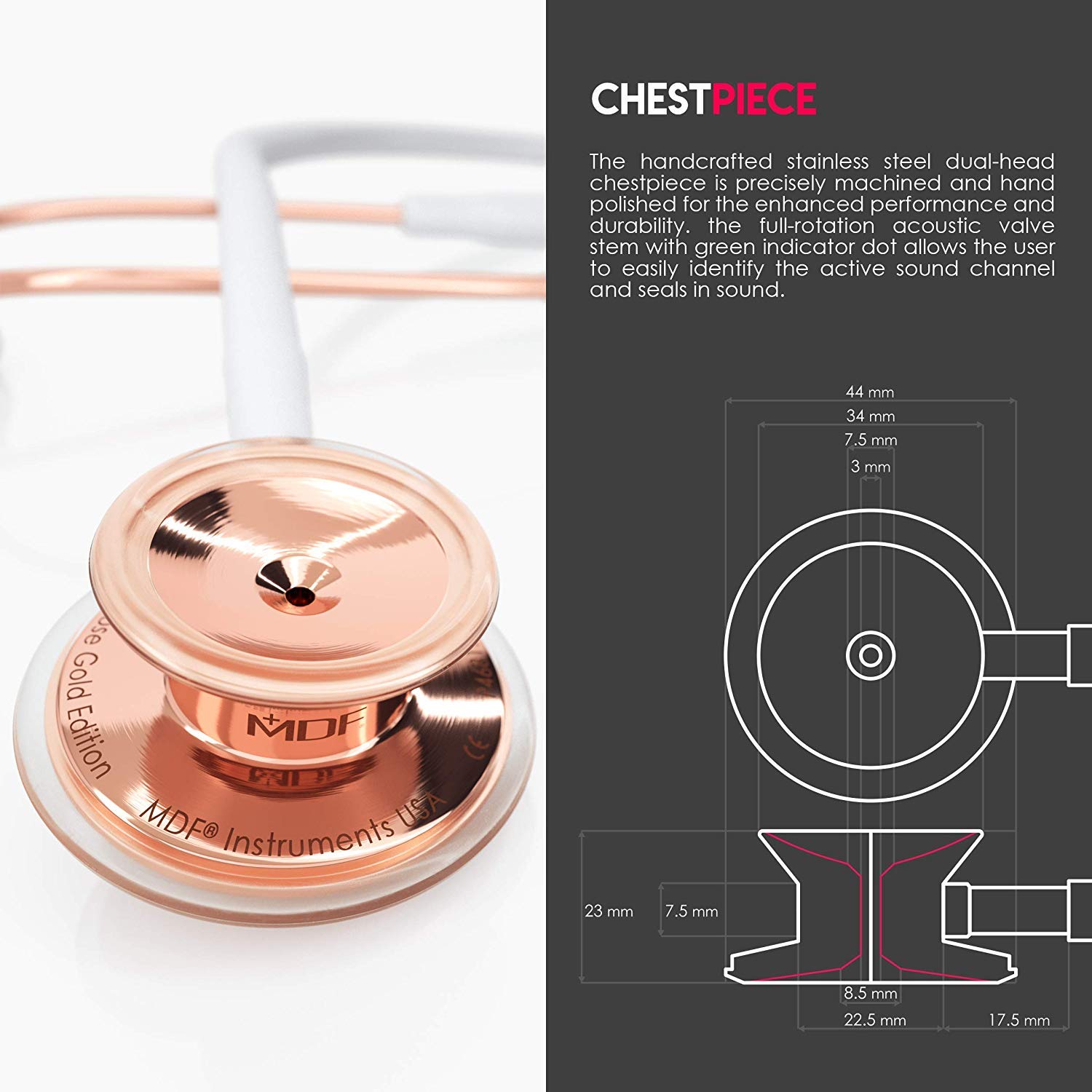 Premium MDF777RG29 RoseGold Stethoscope for Adults - Stainless Steel Chestpiece, White Tube & Headset - Ideal for Doctors, Nurses & Medical Professionals