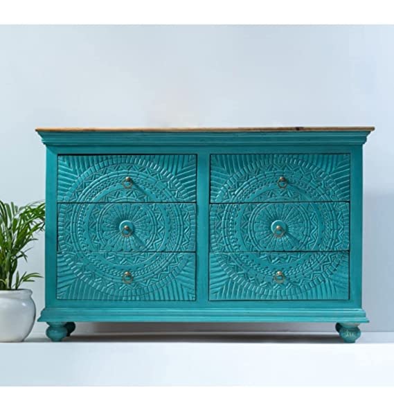 Handmade Sapphire Mandala Carved Wooden Dresser with 6 Drawers - Elegant Bohemian Bedroom Furniture for Home Decor & Storage Solutions