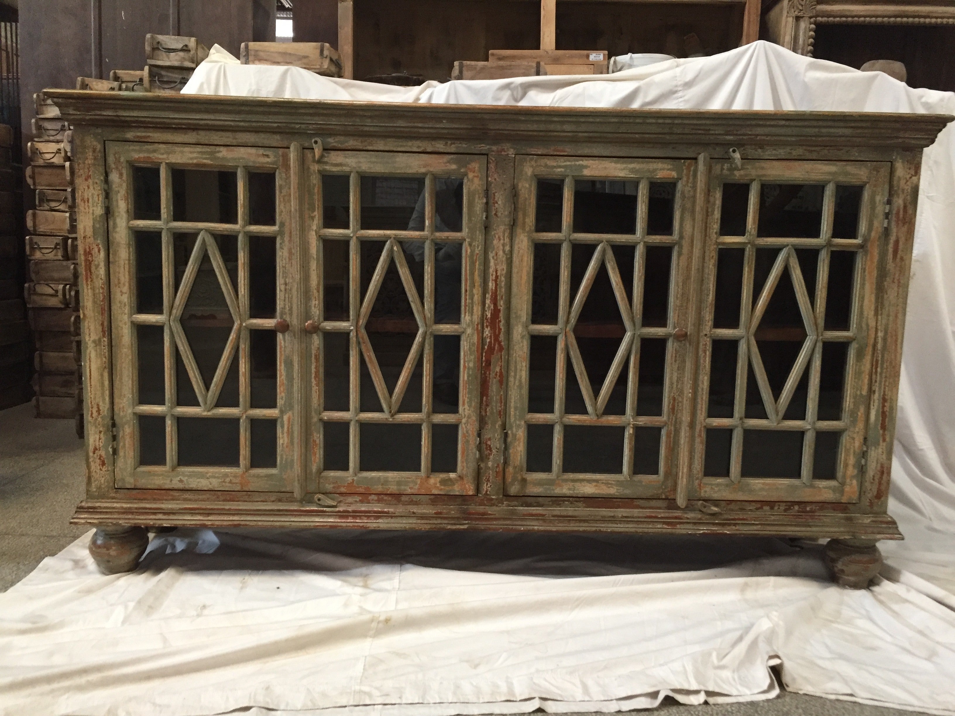 Hand Carved Indian Solid Wood Jali Buffet Sideboard with Glass Door - Elegant Storage Cabinet for Dining Room, Living Room & Entryway - Perfect for Home Decor & Displaying Fine China