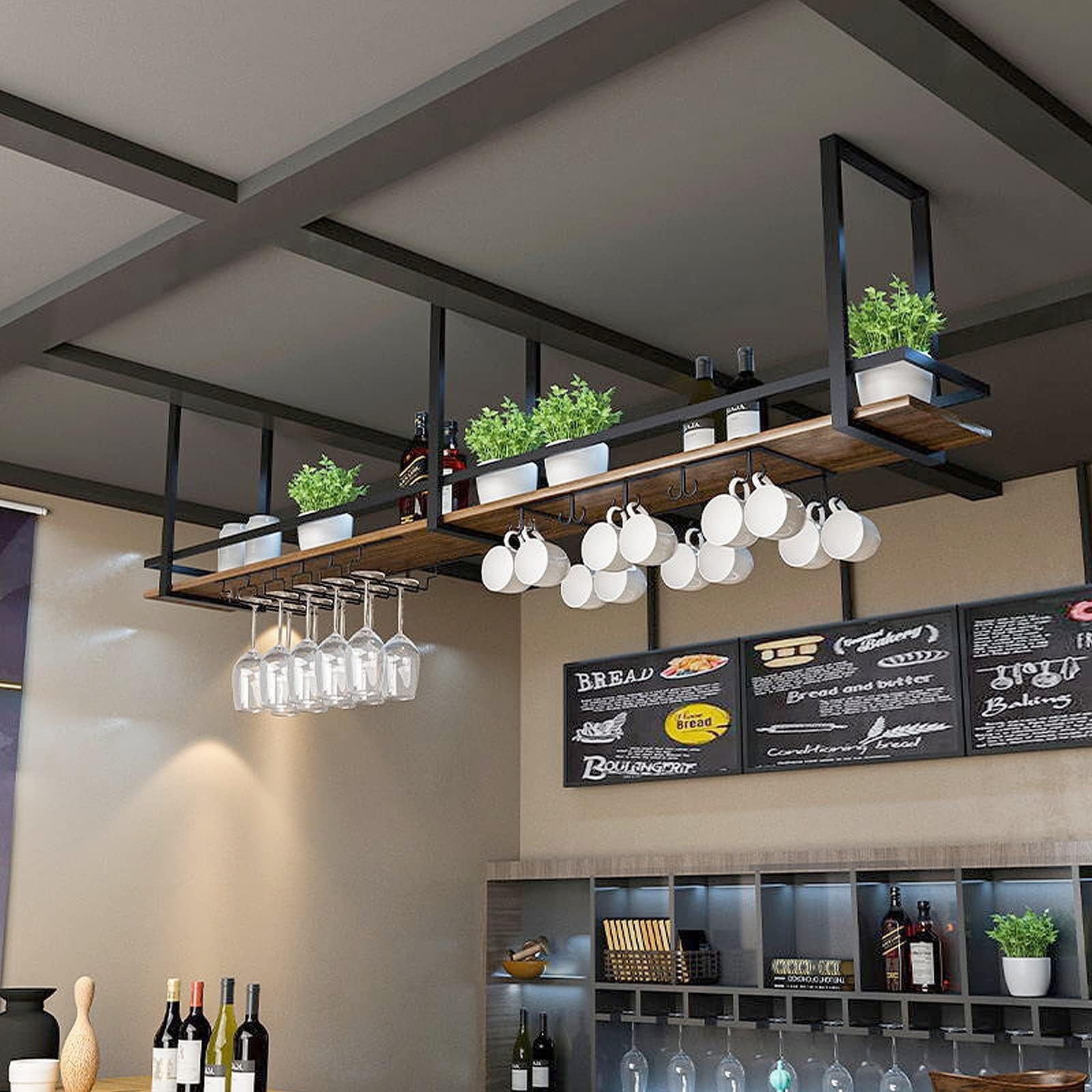 Hanging Wine Glass Holder - Ceiling Display Stand for Wine Glasses, Plants & Decor | 1-Tier Iron Art Floating Shelf | Perfect for Bedroom, Restaurant & Bar Storage (120x30cm) | Ideal for Home Decor, Kitchen Organization & Commercial Use