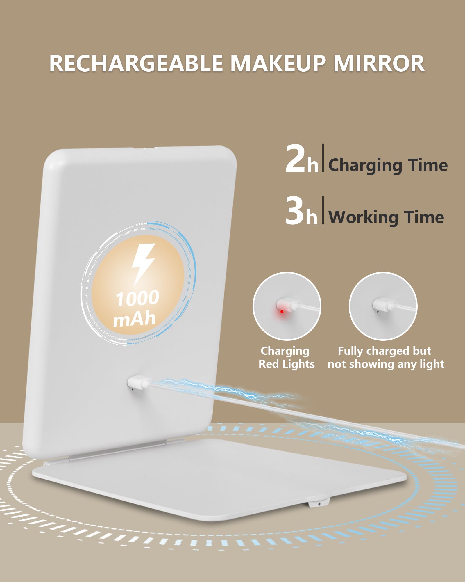 Rechargeable LED Makeup Mirror with Touch Screen - 3 Color Lighting, 72 LEDs, 1000mAh Battery, 7.9x5.3 Inch Compact Travel & Desk Mirror (White) - Perfect for Home Vanity, Travel, and Professional Makeup Application