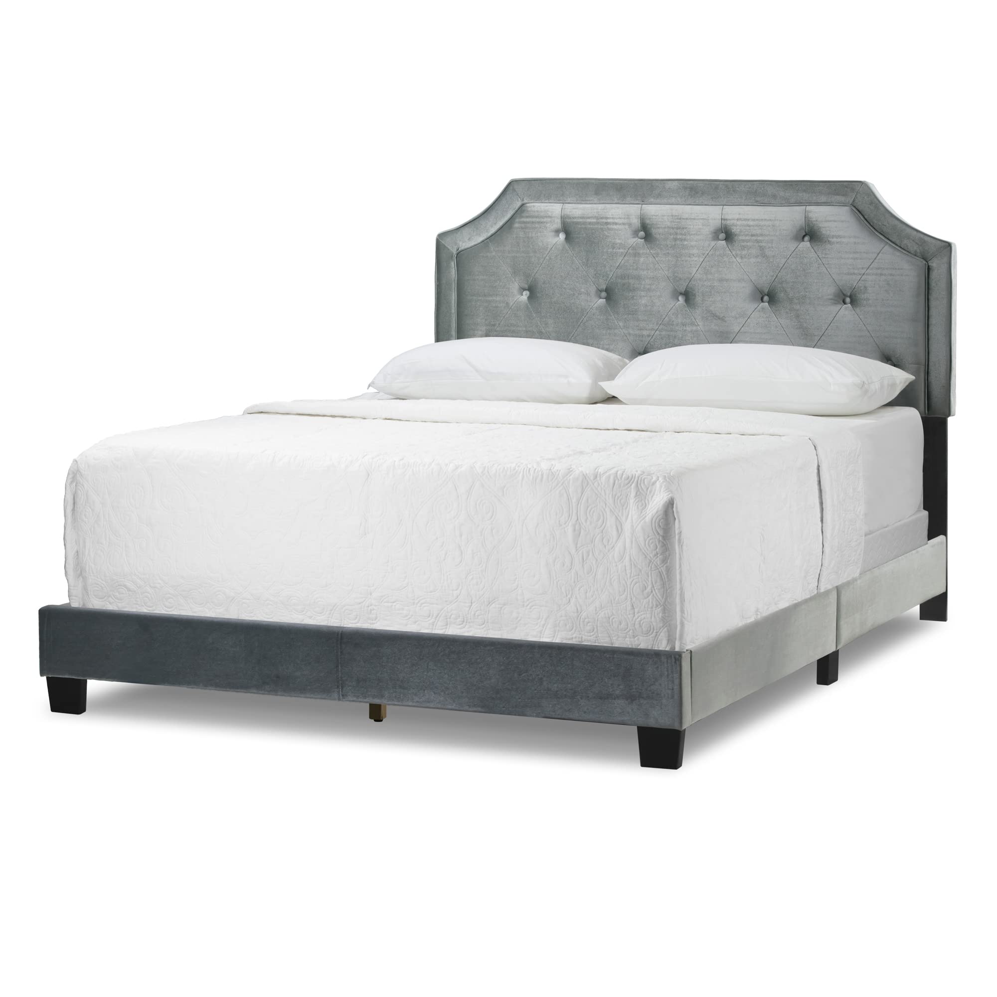 Luxury Aria Silver Grey Velvet Queen Bed with Piping & Button Tufting - Elegant Upholstered Bed Frame for Master Bedroom, Guest Room or Apartment
