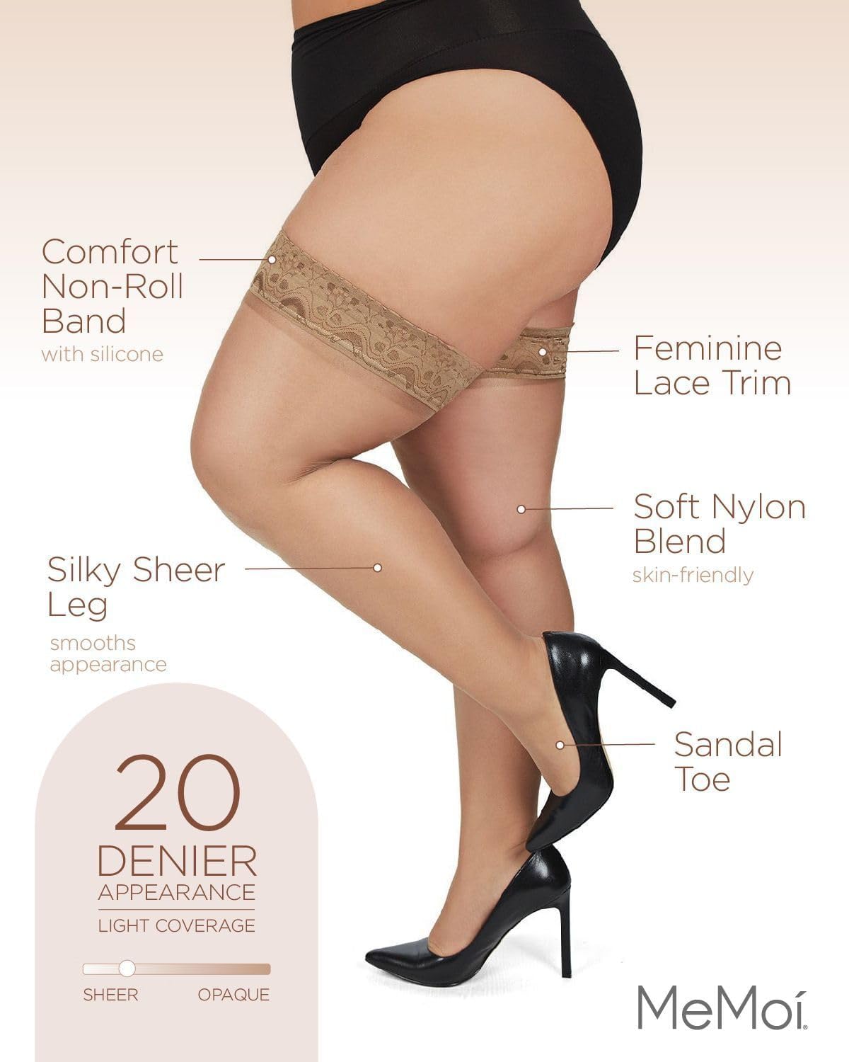 MeMoi Plus Size Thigh High Stockings for Women - Silky Lace Thigh Highs in Sizes 1X-7X - Comfortable & Sexy Stockings for Curvy Figures - Perfect for Date Night, Parties, and Special Occasions