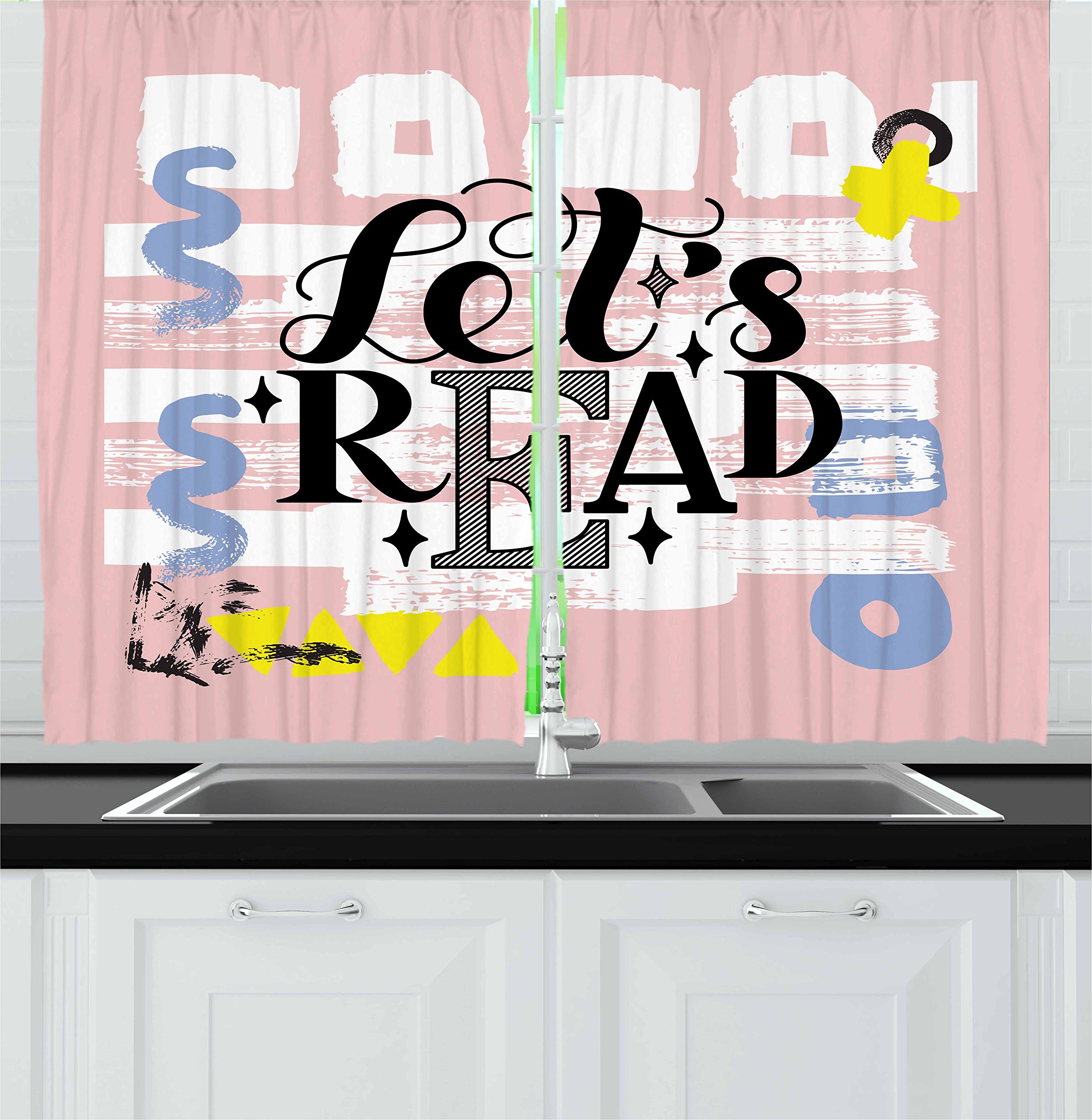 Ambesonne Book-Themed Kitchen Curtains - Calligraphic 'Let's Read' Inspirational Words in Pastel Colors, 2-Panel Window Drapes for Kitchen & Cafe Decor, 55 x 39 Inches, Multicolor - Perfect for Reading Nooks, Book Lovers' Homes & Cozy Cafés