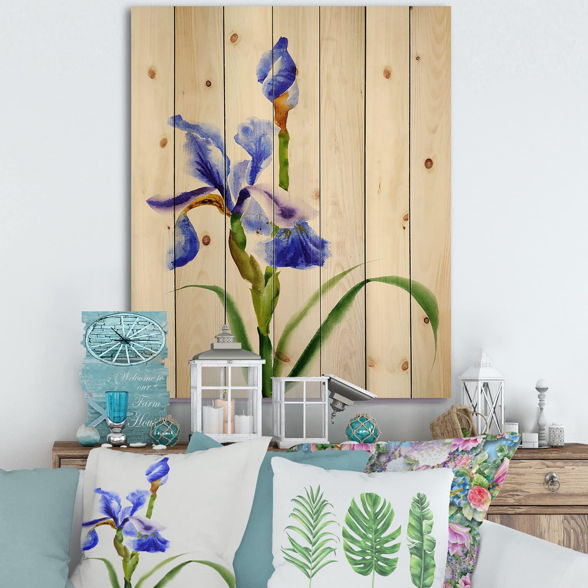 DesignQ Retro Blue Iris Flower Traditional Wood Wall Decor - Handcrafted Large Floral Wood Wall Art Panels Printed on Natural Pine - Perfect for Living Room, Bedroom & Office Wall Decoration