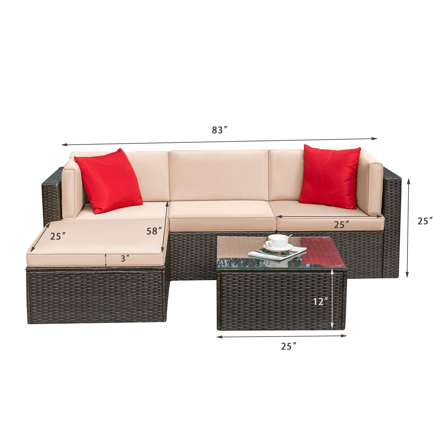 5-Piece Patio Furniture Set Outdoor/Indoor Sectional Wicker Rattan Sofa with Cushions, Pillows & Glass Table - Light Beige - Perfect for Backyard, Garden, Poolside & Sunroom Relaxation