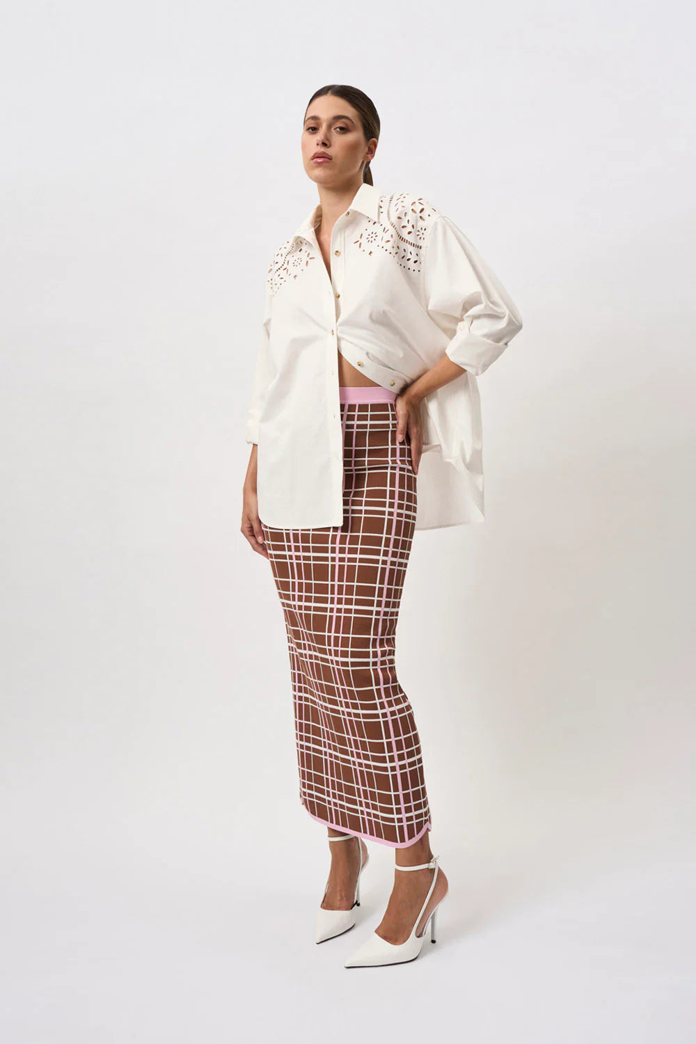 Carolina Check Knit Ankle Skirt - Brown & Pink Plaid Pattern for Women | Casual & Office Wear | Perfect for Fall & Winter Outfits