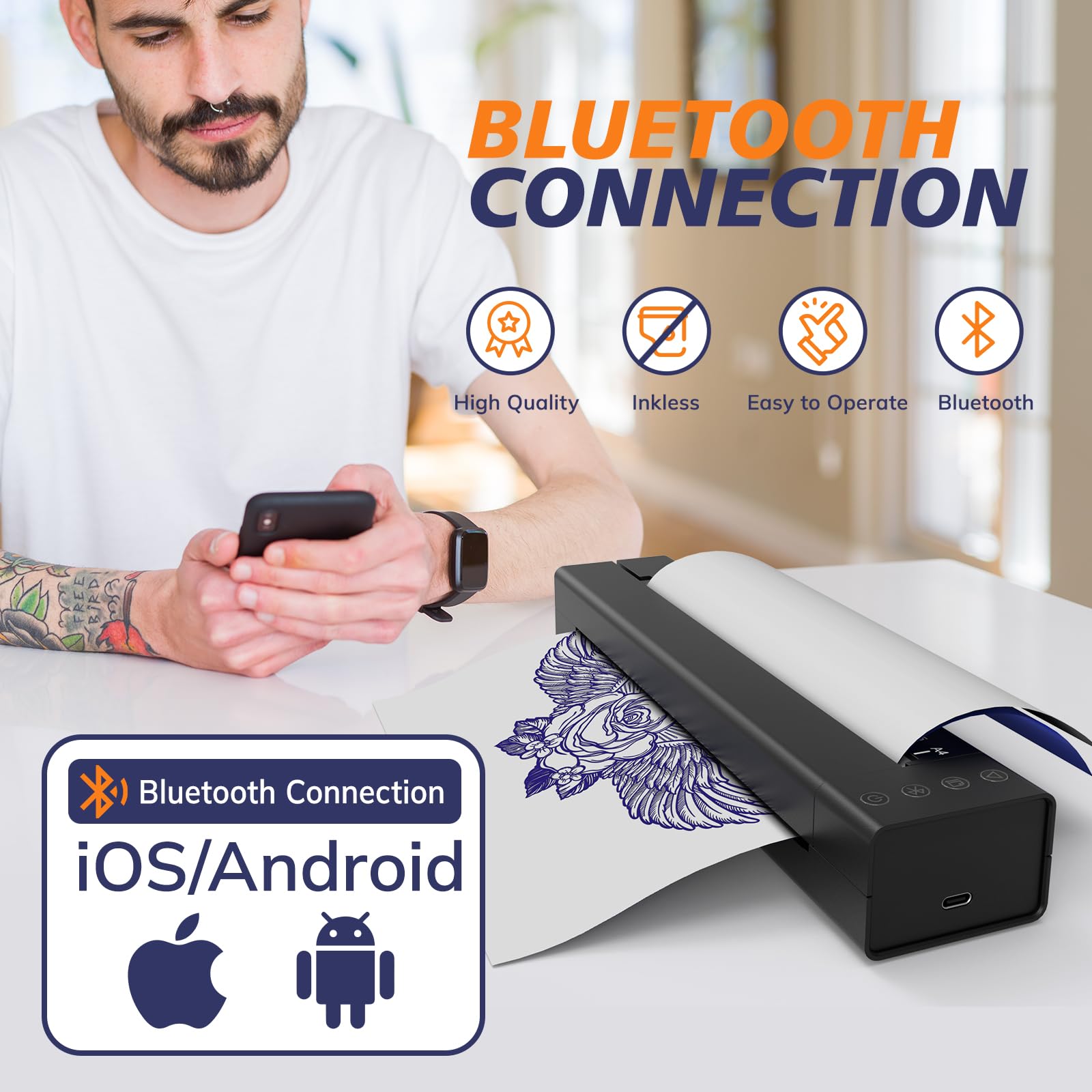 LifeBasis Wireless Tattoo Stencil Printer - Bluetooth Portable Thermal Transfer Copier Machine for Professional Tattoo Artists | Includes 30PCS Transfer Paper | Compatible with Android & iOS Phones | Perfect for Tattoo Studios, Home Use & Mobile Tattoo Services