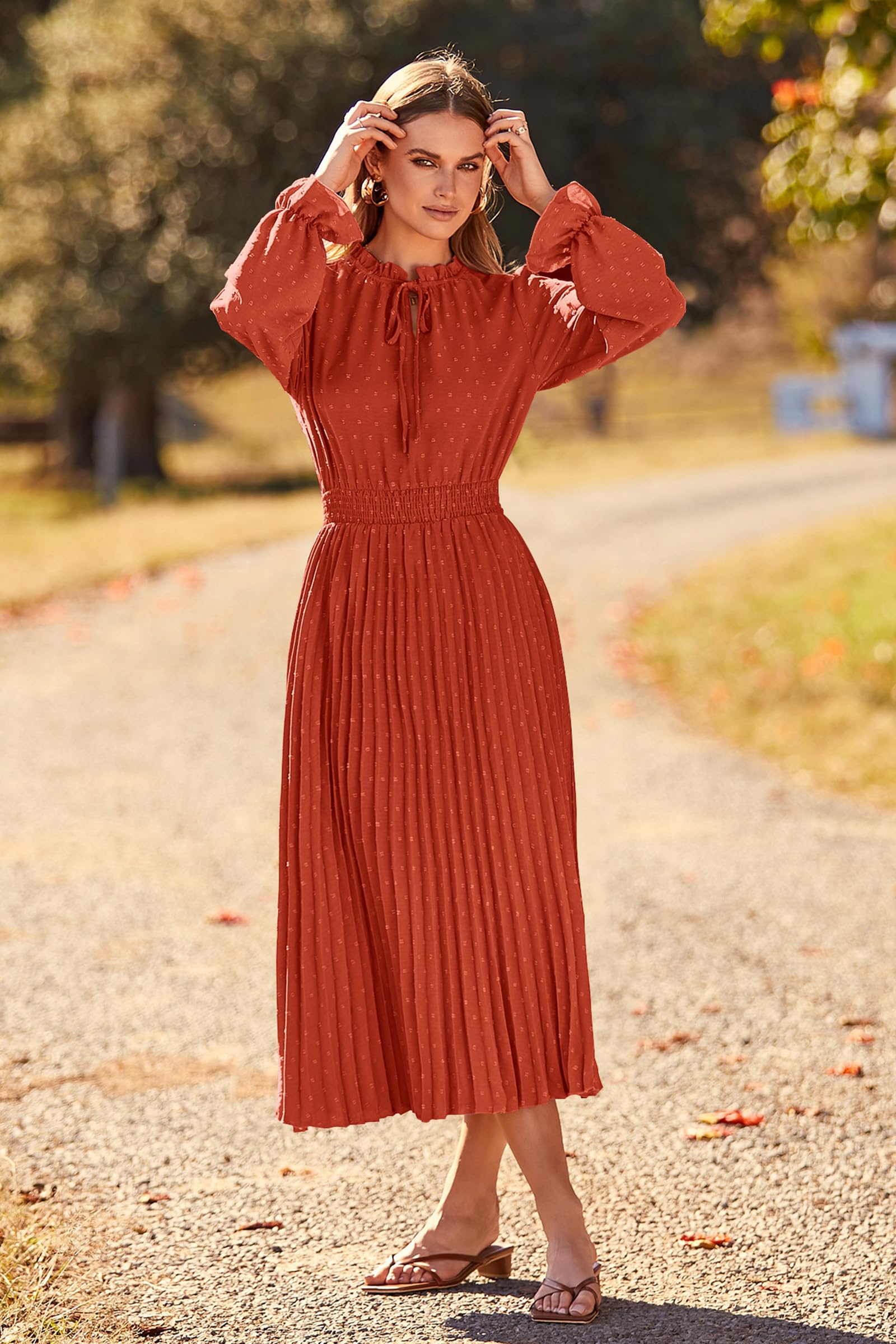 PRETTYGARDEN Women's 2025 Spring Fall Midi Dress - Casual Long Sleeve V-Neck Swiss Dot Pleated A-Line Flowy Dress for Work, Date Night & Special Occasions
