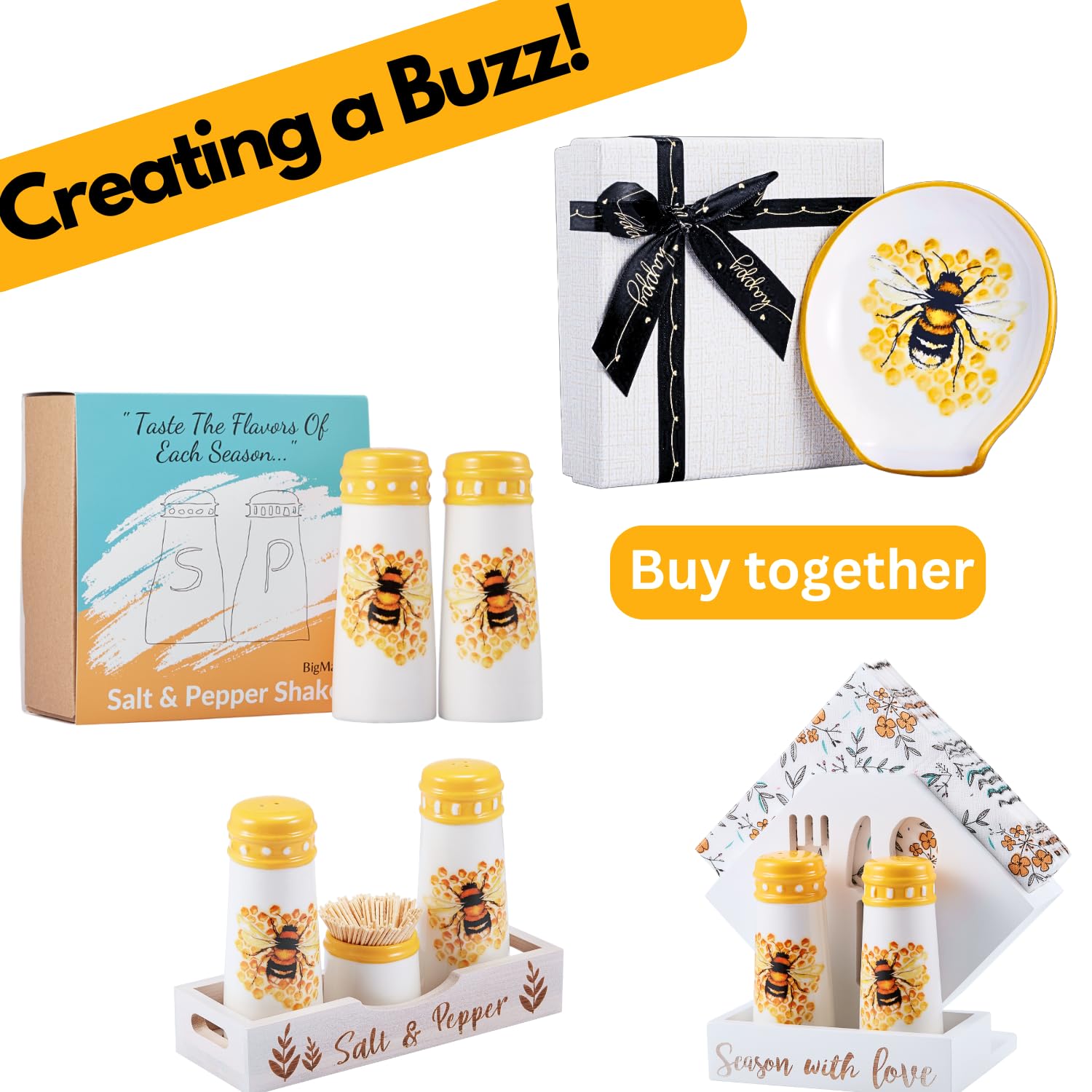 Honey Bee Spoon Rest - Large Ceramic Kitchen Utensil Holder, Bumblebee Decor for Countertop - Yellow Honeycomb Hive Themed Gift for Home & Kitchen Decor | Perfect for Tea Parties, Farmhouse Kitchens, and Bee Lover Gifts