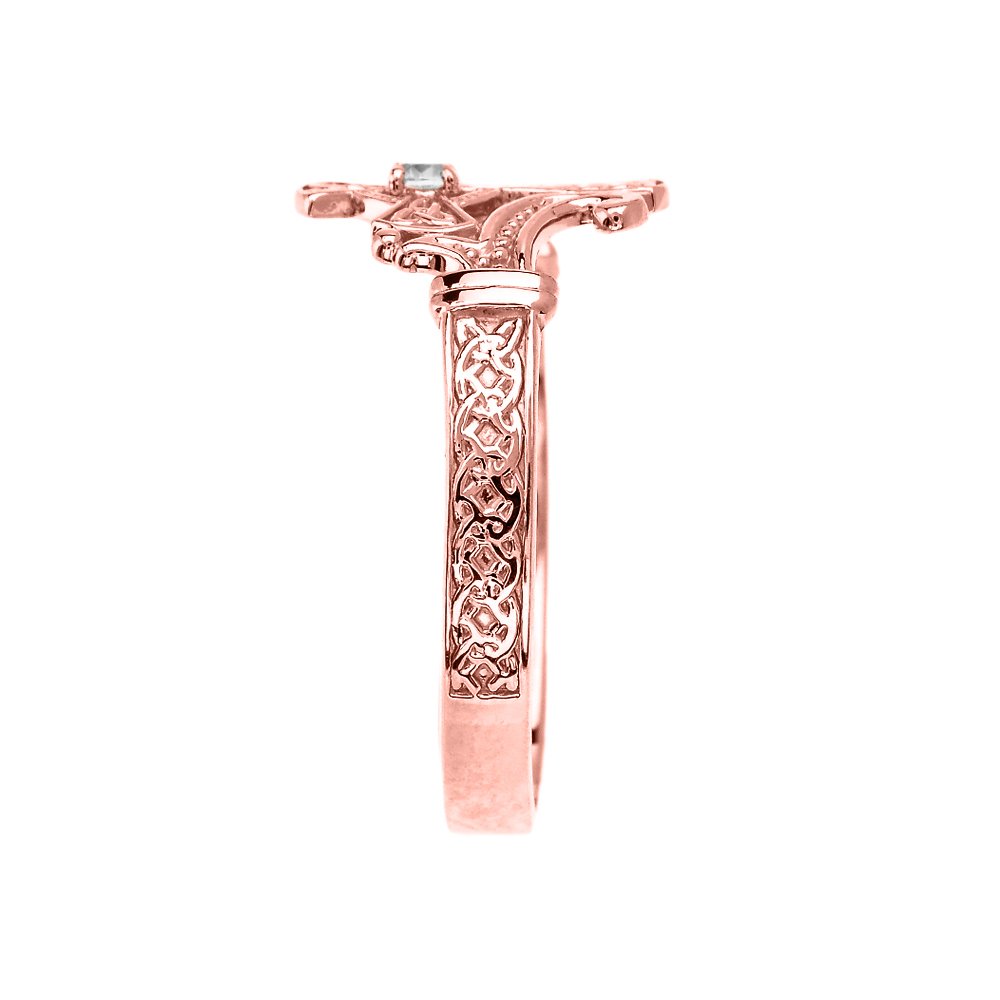 10K Rose Gold Solitaire Diamond Celtic Cross Ring with Trinity Knot Design - Elegant Religious Jewelry for Women - Perfect for Church, Weddings & Special Occasions