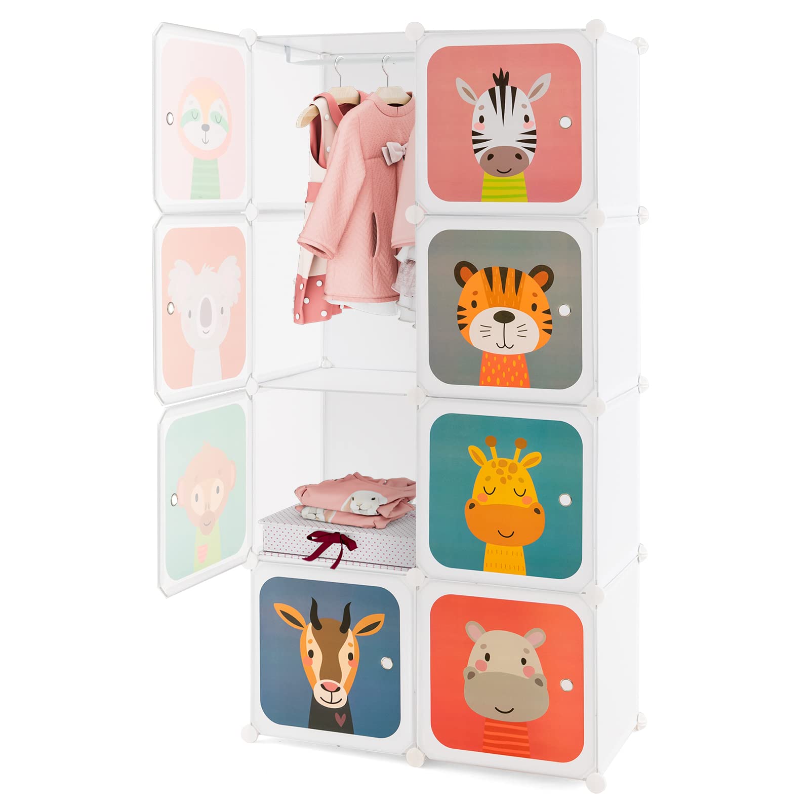 HONEY JOY Kids Wardrobe Closet - 8-Cube & 2-Hanging Section Baby Clothes Organizer | Portable DIY Modular Dresser Cabinet for Boys & Girls Nursery (White) | Perfect for Bedroom Storage & Toy Organization