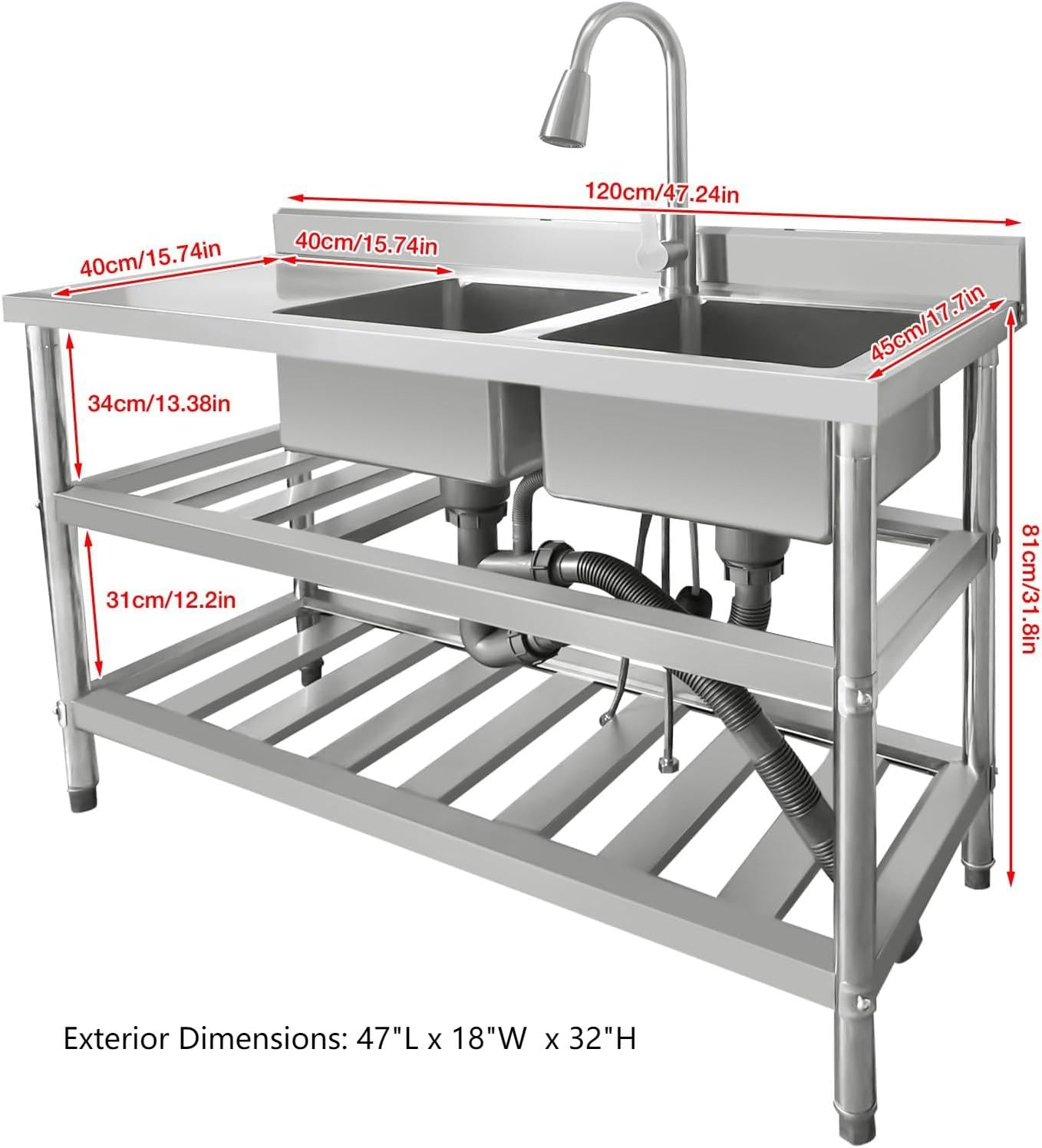 Premium 304 Stainless Steel 2-Compartment Utility Sink with Pull-Out Faucet - Heavy Duty Commercial Kitchen Sink for Restaurants, Outdoor Use & Workbench Installation (47 Inch) - Perfect for Food Prep, Dishwashing & Industrial Cleaning