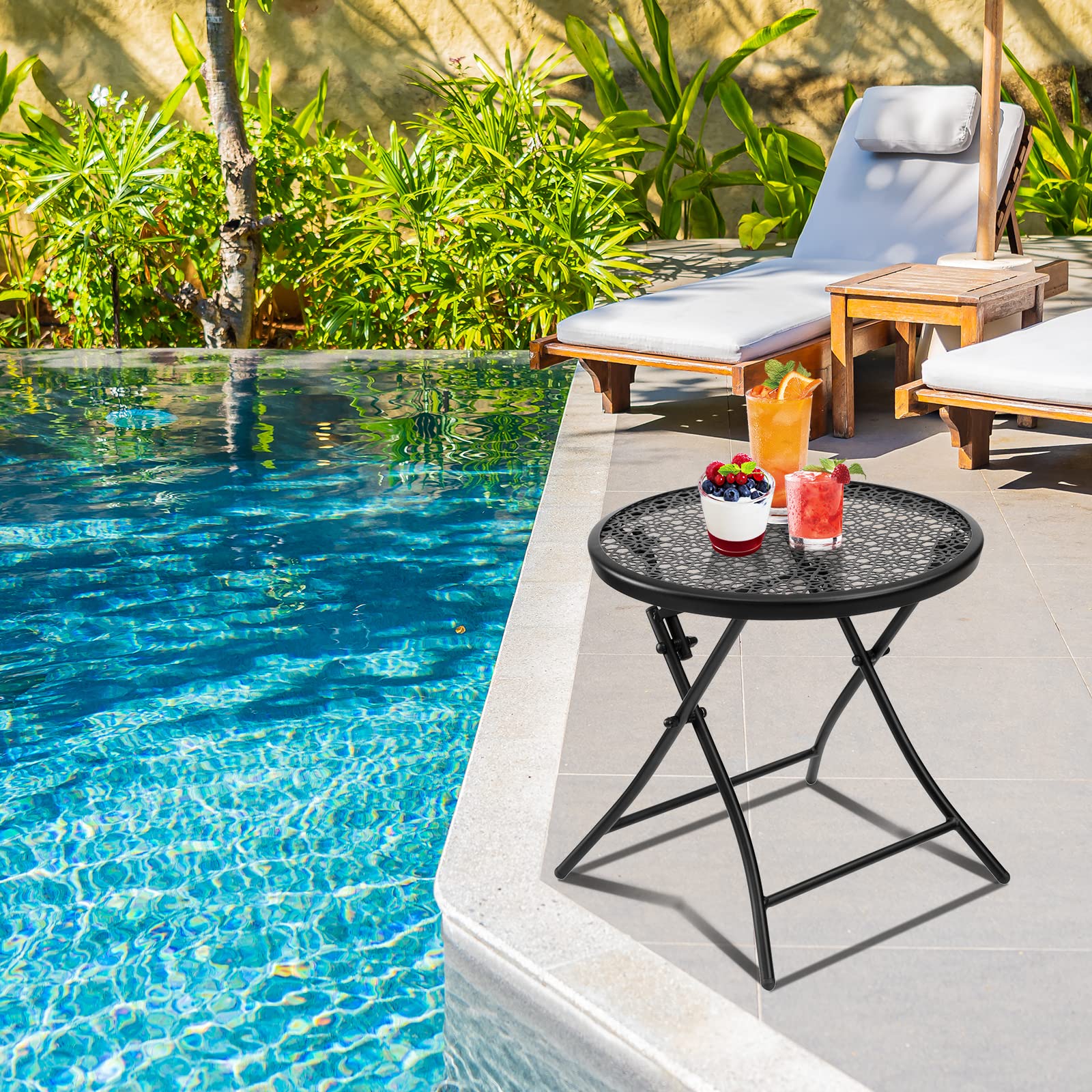 TeoKJ Folding Outdoor Side Table - Rust-Resistant Round Metal Patio Table with Floral Cutouts for Porch, Yard, Balcony, Deck & Lawn - Perfect for Outdoor Dining, BBQ Parties & Relaxing in Black