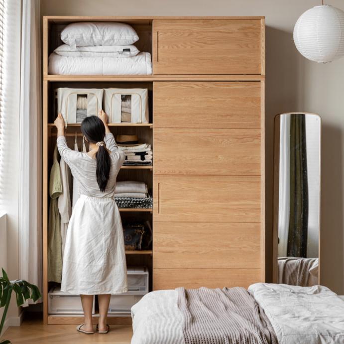 Solid Oak Wood Sliding Door Wardrobe Closet - Modern & Durable Storage for Bedroom, Living Room, or Walk-In Closet Organization