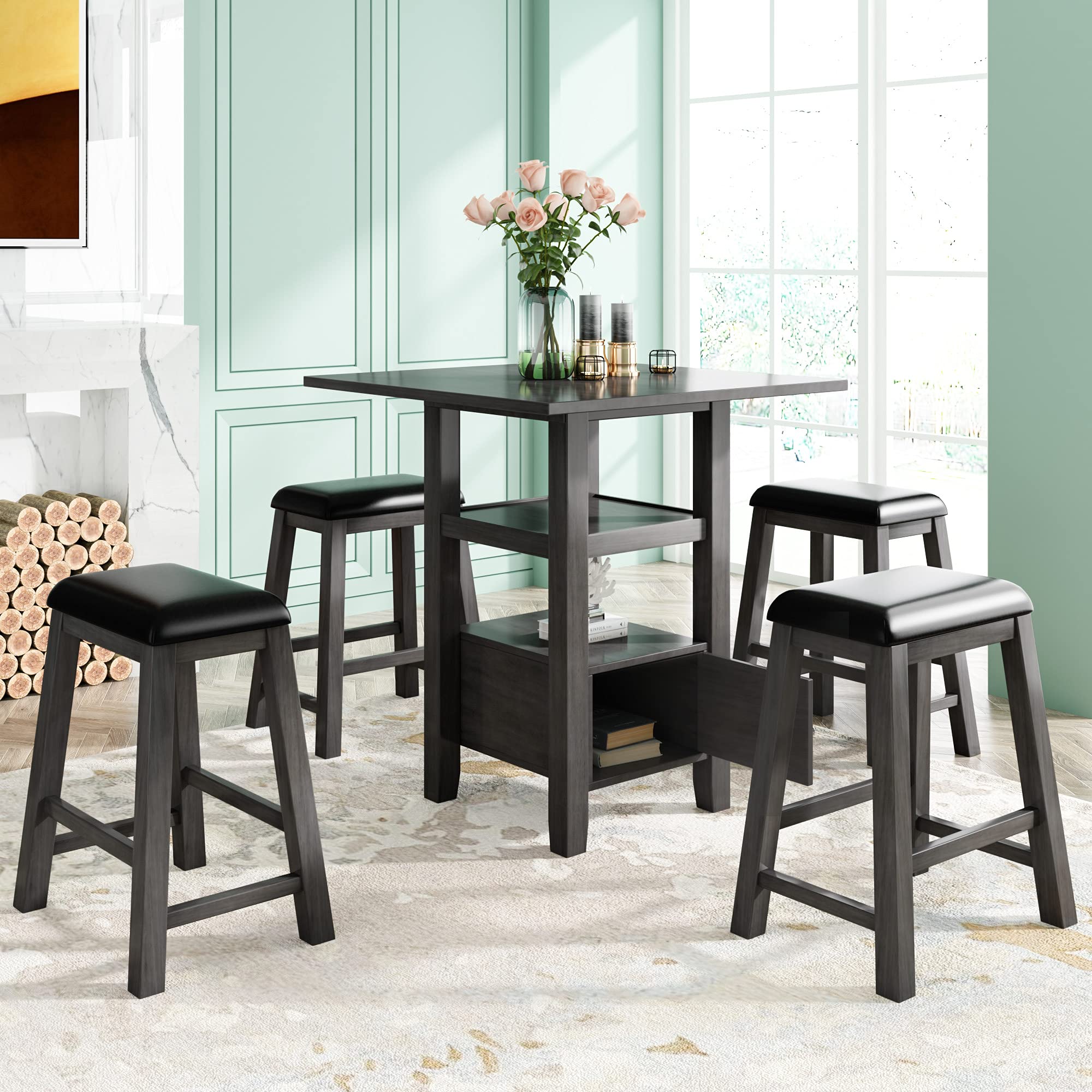 5-Piece Wooden Counter Height Dining Set with Storage Square Table & 4 Upholstered Stools - Perfect for Small Spaces, Dinette Kitchens, and Modern Dining Rooms | Space-Saving Kitchen Furniture for Apartments & Breakfast Nooks