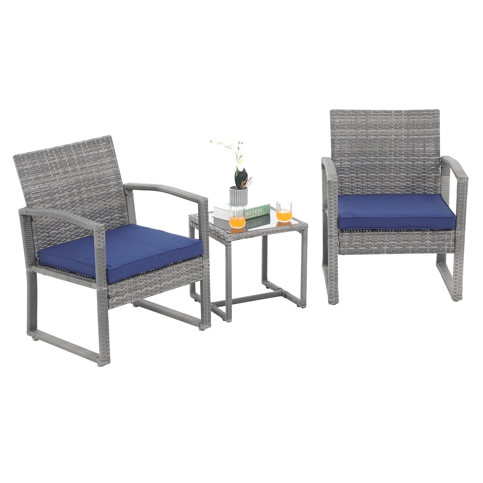**Patiorama 3-Piece Outdoor Patio Furniture Set - Modern Wicker Rattan Bistro Set with Coffee Table for Garden, Balcony, Backyard & Poolside (Navy Blue) - Perfect for Relaxing, Entertaining & Outdoor Dining**