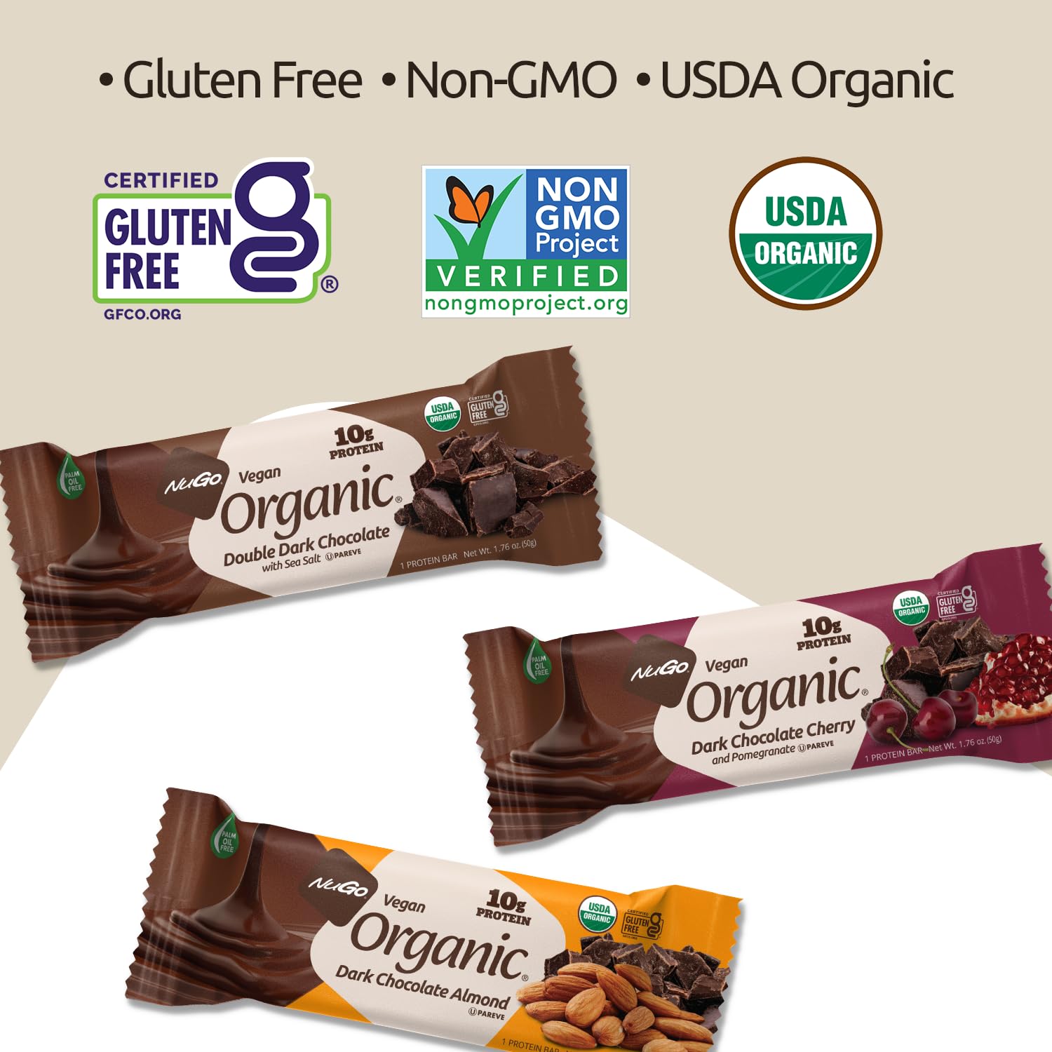 NuGo Organic Dark Chocolate Almond Protein Bars - 10g Vegan Protein, Gluten Free, Non-GMO, 12 Count - Perfect for Post-Workout Recovery & Healthy Snacking