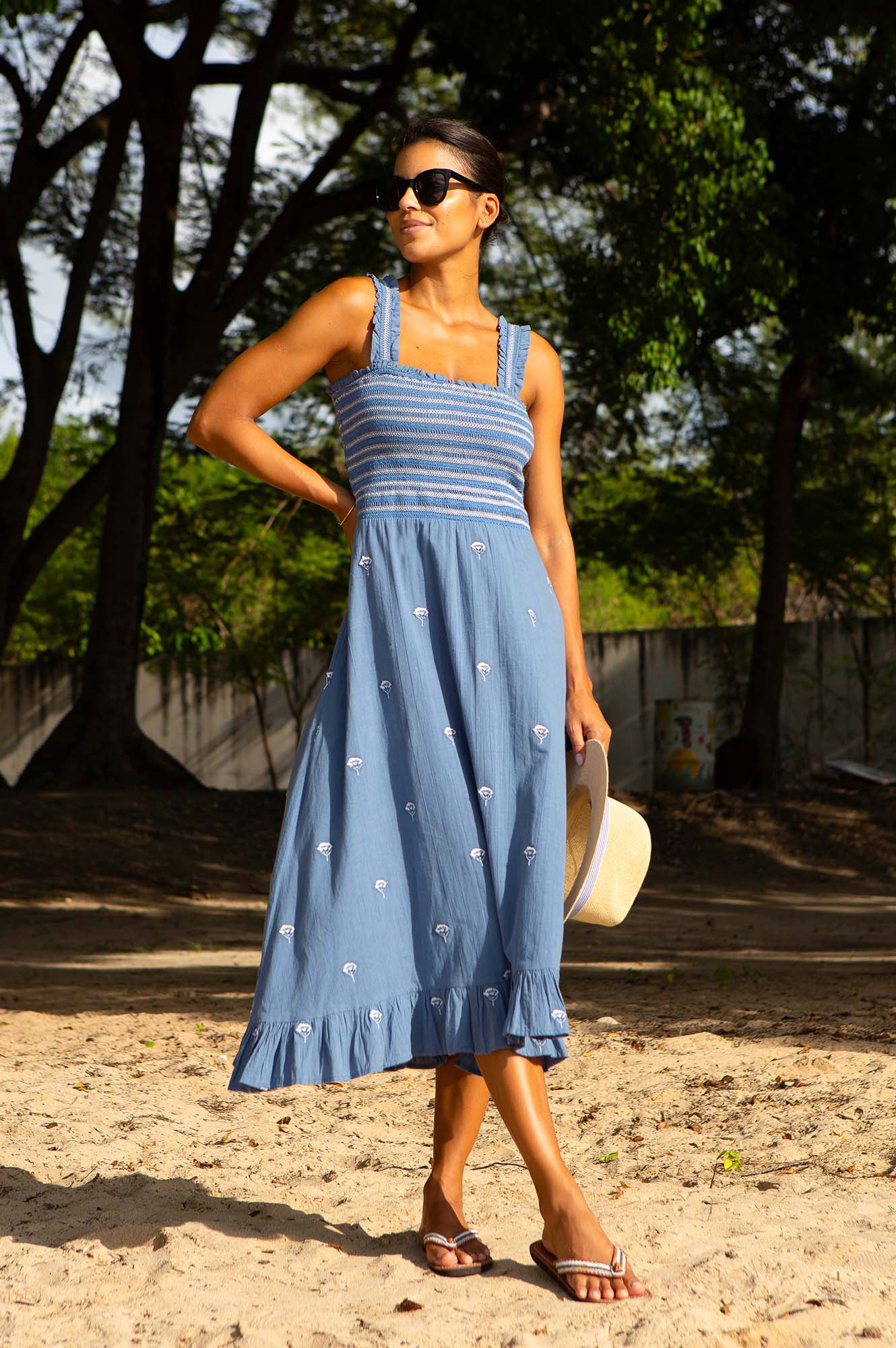 Rhianna Embroidered Floral Dress for Women - Blue, Grey & White Color Options | Perfect for Summer Parties, Weddings & Casual Outings