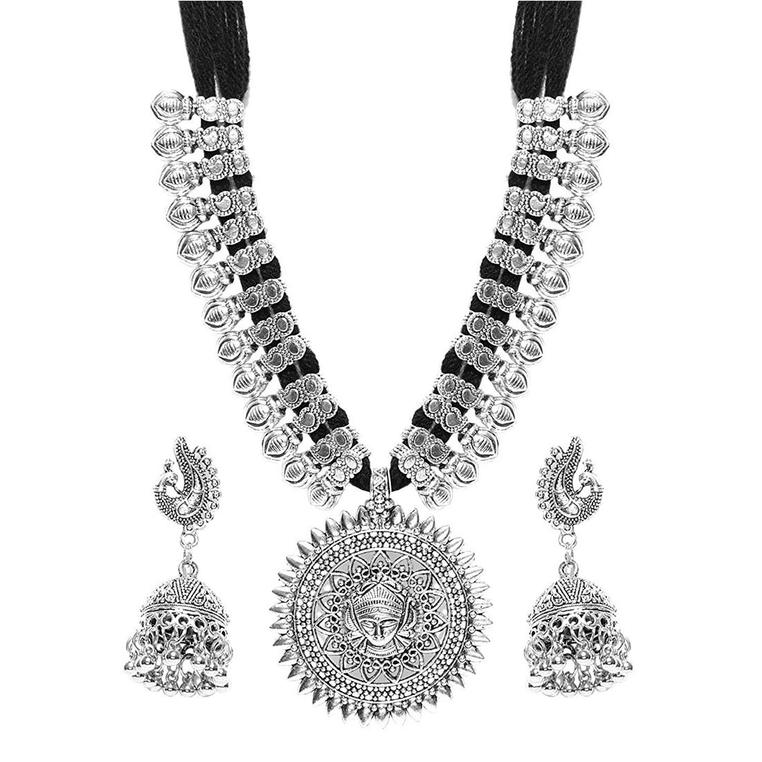 Antique German Silver Oxidized Plated Tribal Cotton Thread Jewelry Set for Women & Girls - Necklace & Earrings Set | Boho Chic Accessories for Parties, Weddings & Festivals