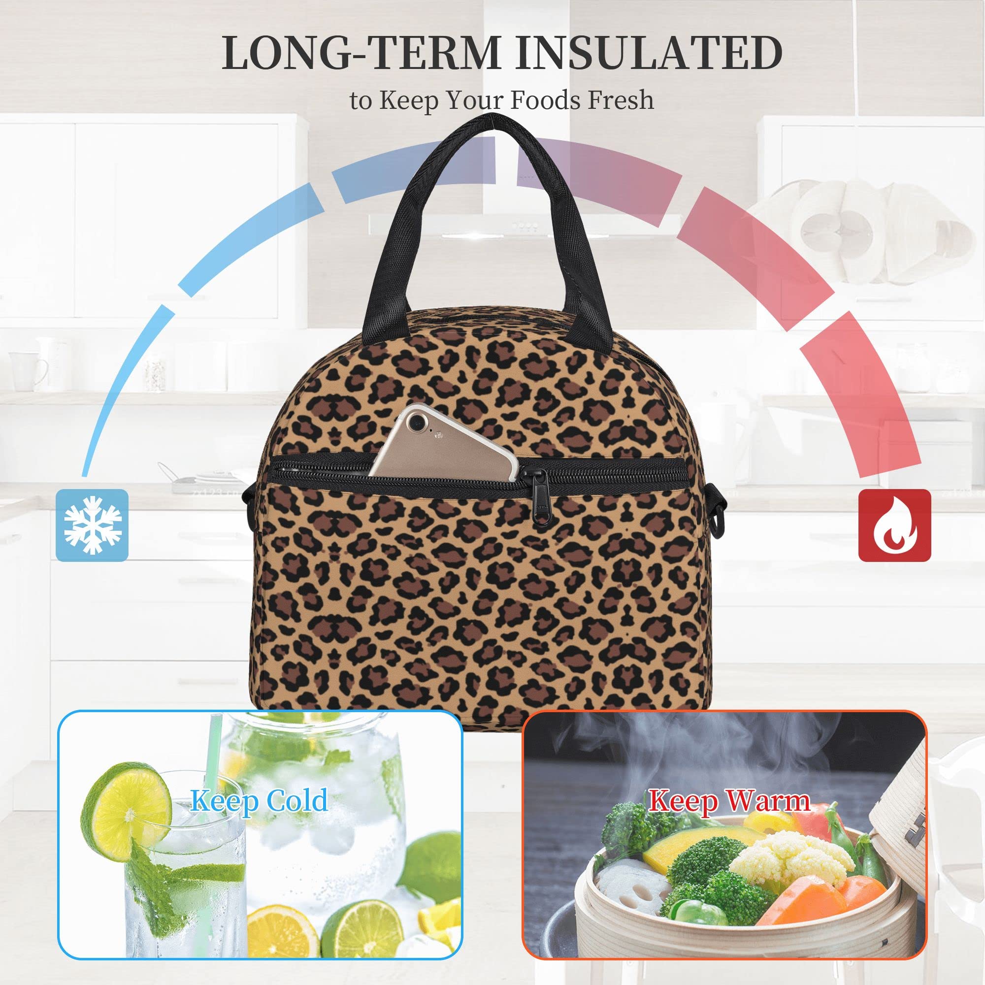 Leopard Print Insulated Lunch Bag - Reusable Cheetah Lunch Box for Kids & Adults, Leopard Cooler Tote with Shoulder Strap for School, Office, Picnic, Travel & Outdoor Activities