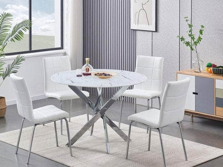 Wabana 5-Piece Round Tempered White Marble Glass Dining Table Set with Chrome Legs - 3 Color Options | Modern Kitchen & Dining Room Furniture for Family Gatherings
