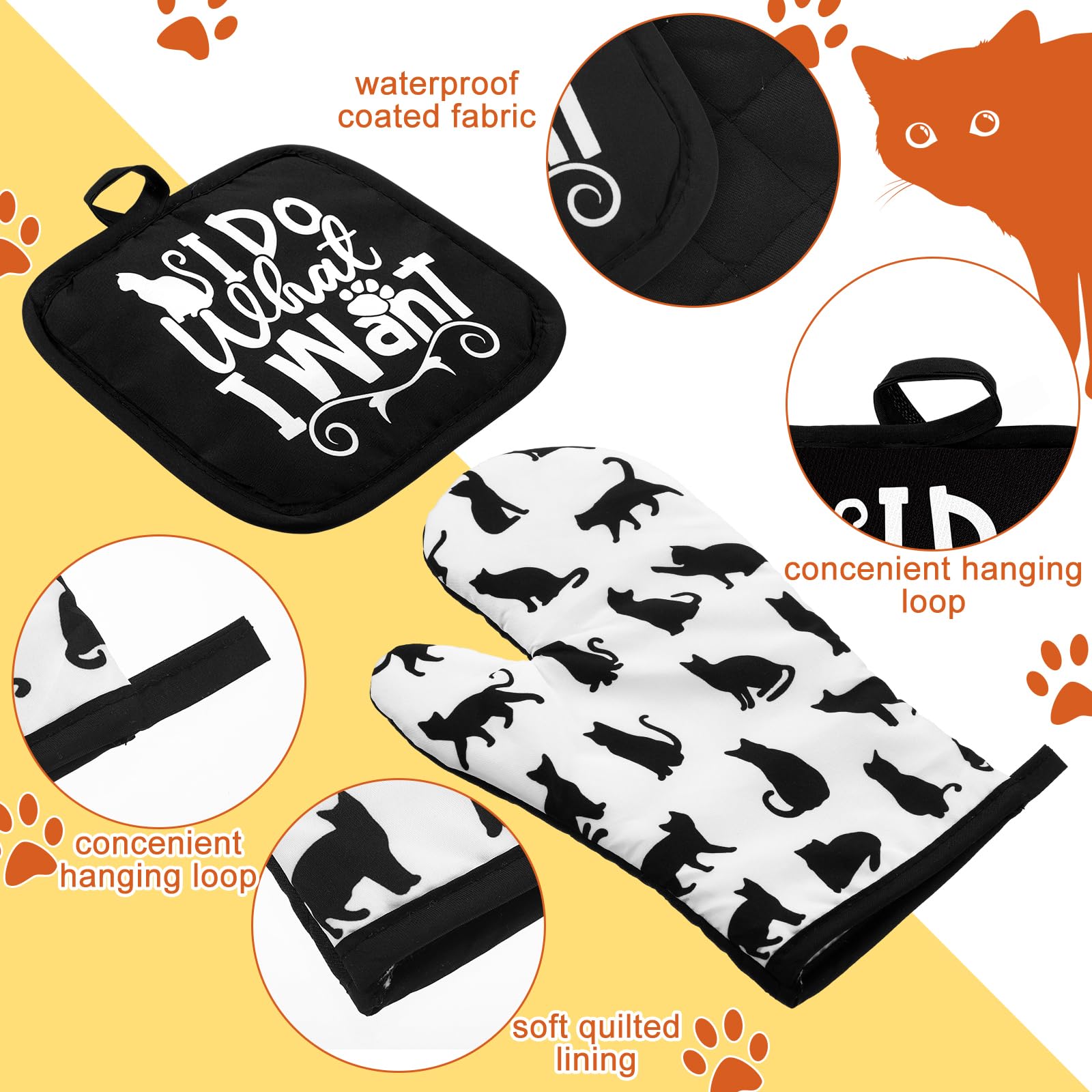 Premium 4-Piece Kitchen Set - Dish Towels, Pot Holders & Oven Mitts for Baking - Cat Lover Theme - Black & White Cotton Kitchen Accessories - Perfect for Home Cooking, Holiday Gifts & Kitchen Decor