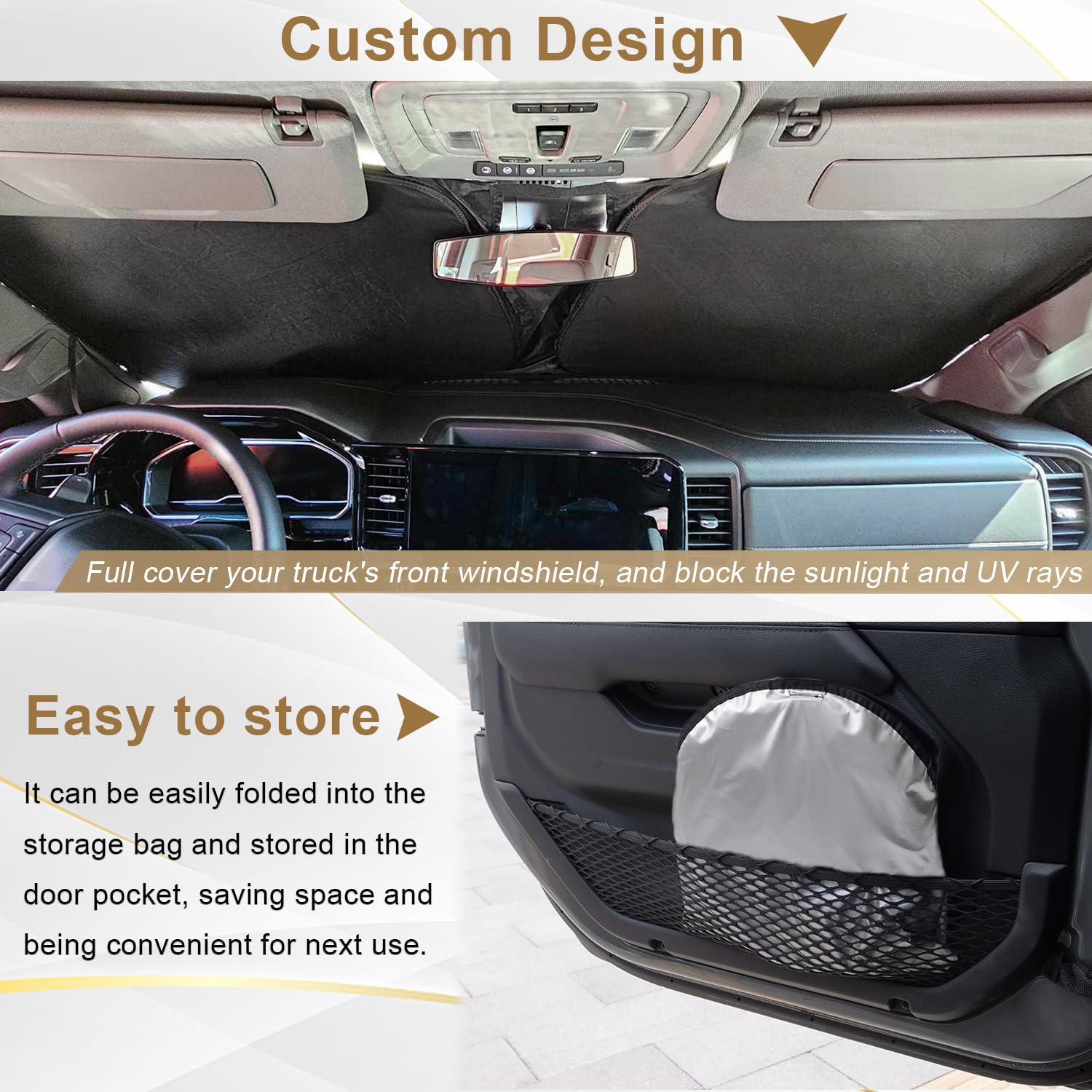 Custom Fit Windshield Sun Shade for 2023-2025 Chevy Silverado 1500 & GMC Sierra 1500 | 2024-2025 Silverado/Sierra 2500HD 3500HD | 2022-2025 Refreshed Models | UV Protection & Heat Blocking | Foldable Car Sun Visor with Storage Pouch | Perfect for Summer Parking & Road Trips