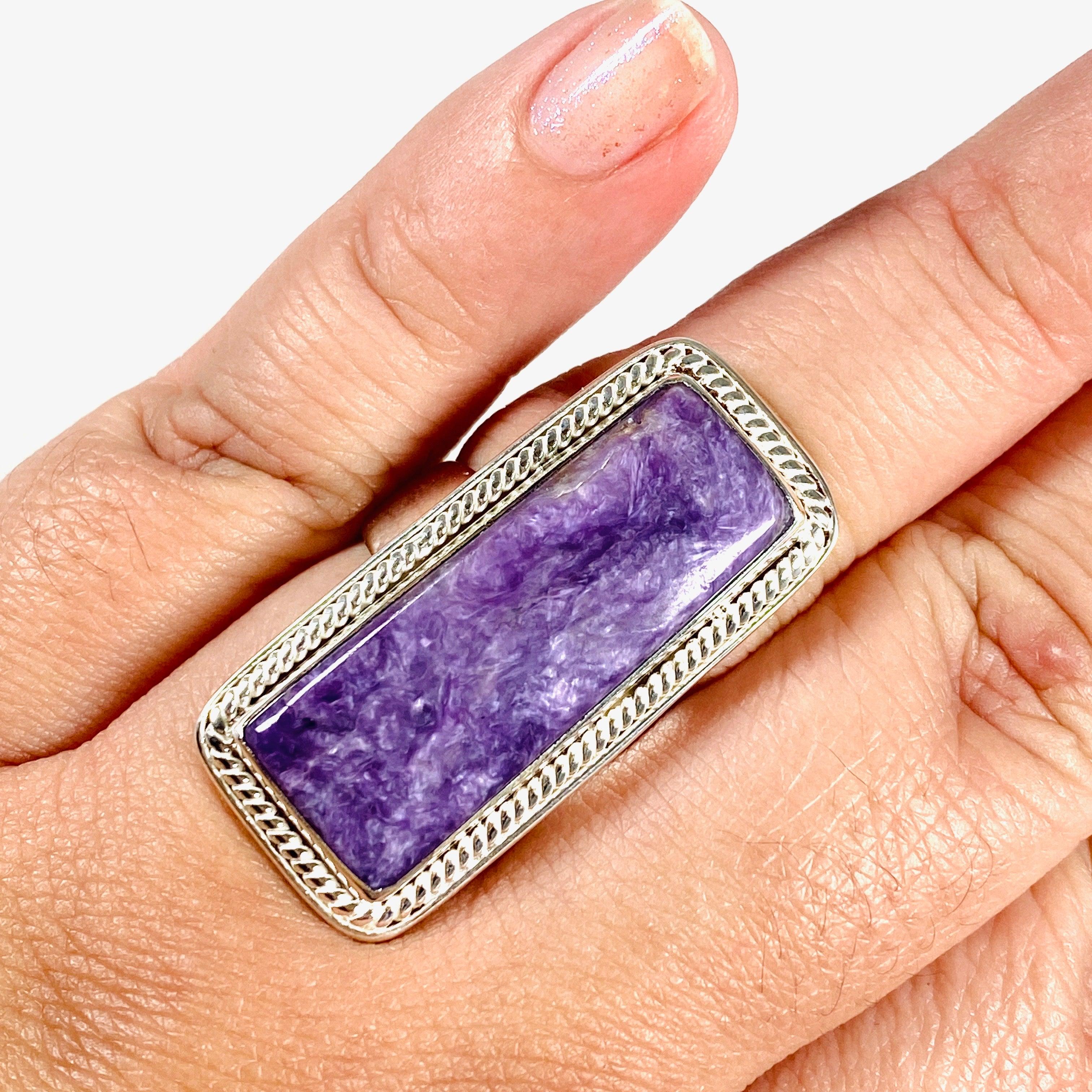 Charoite Rectangular Ring Size 11 KRGJ3048 - Elegant Purple Gemstone Jewelry for Women, Perfect for Weddings, Parties & Special Occasions