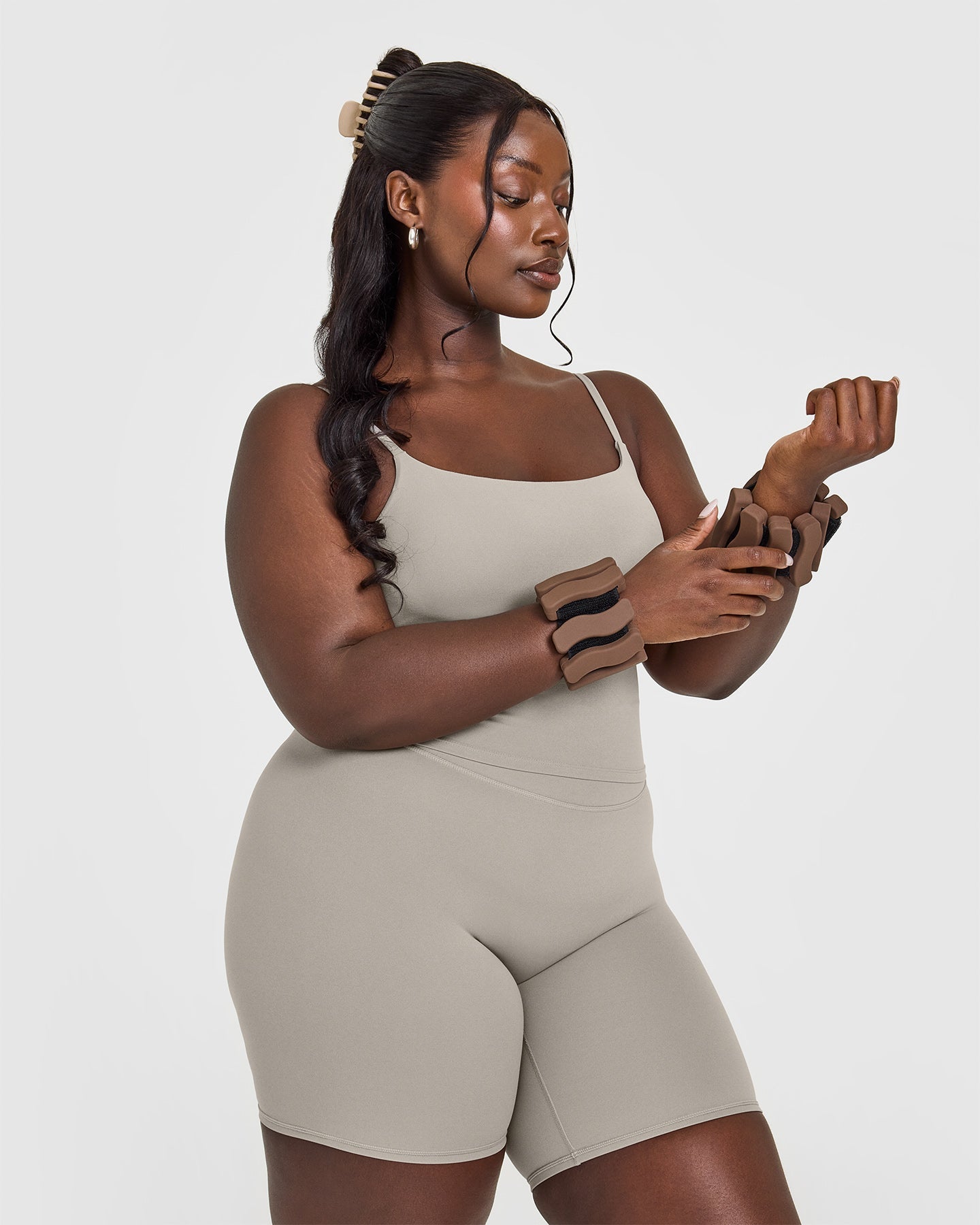 SoftMotion™ Strappy Mid Vest with Built-in Bra Shelf in Warm Sand | Women's Activewear for Yoga, Running & Gym Workouts