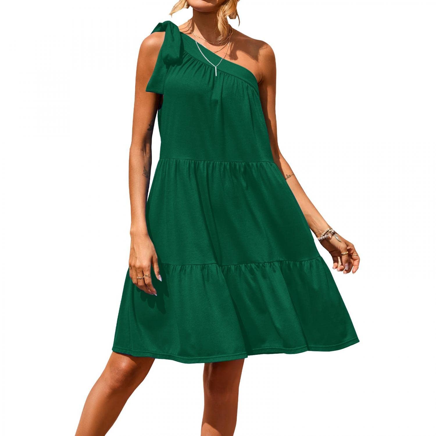 Women's One Shoulder Ruffle Tiered Mini Dress - Boho Flowy Summer Beach Party & Casual Short Dress for Vacations, Dates & Outdoor Events