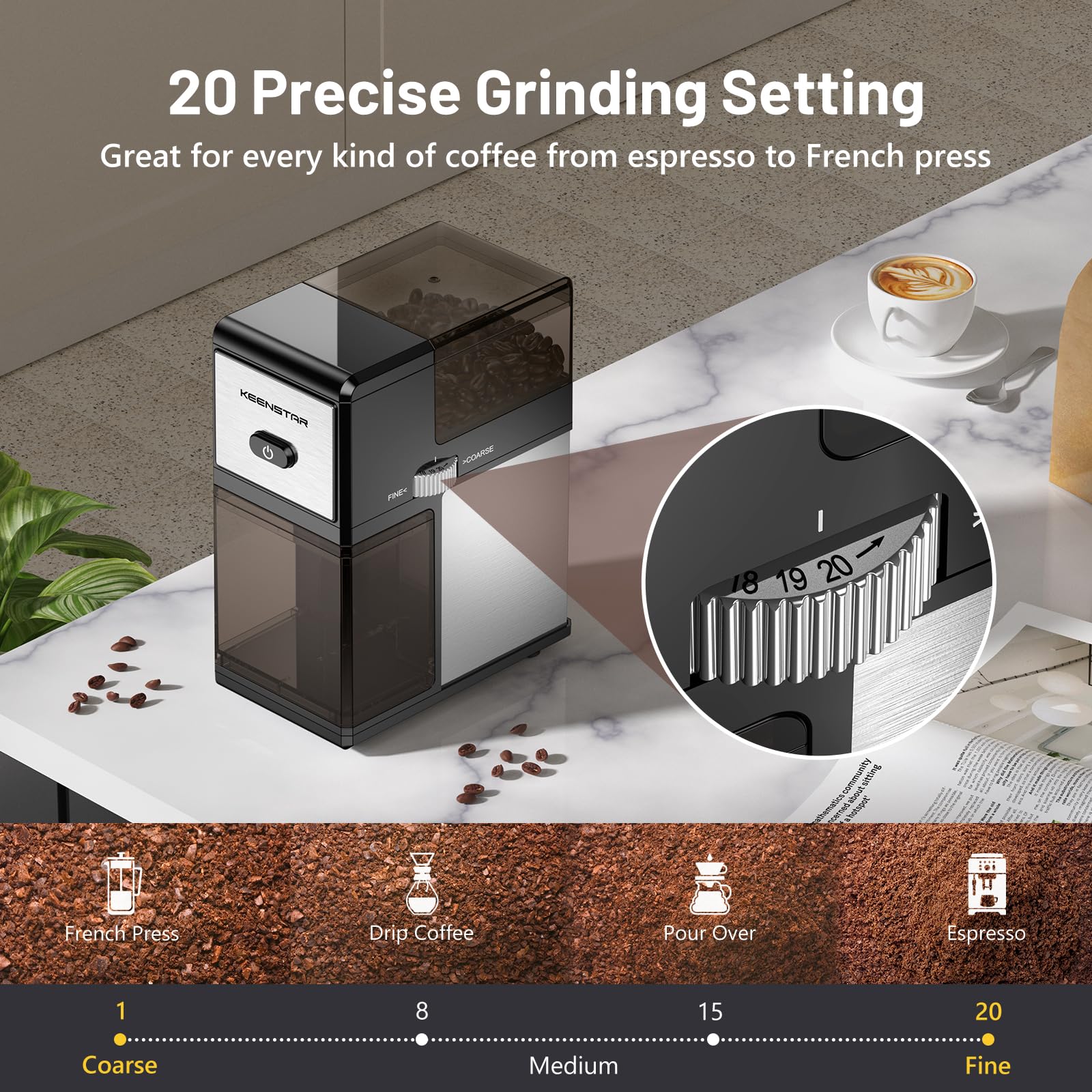 Premium Electric Burr Coffee Grinder - Adjustable 20-Precision Settings for Espresso, French Press & Drip Coffee | Professional Coffee Bean Grinder (Black) | Perfect for Home Kitchens, Offices & Coffee Shops
