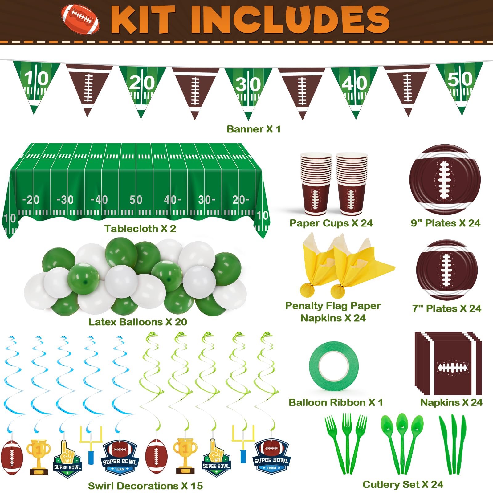 183 Pcs Super Bowl Party Decorations Kit 2025 - Football Party Supplies for 24 Guests, Includes Tablecloth, Plates, Cups & Banner - Perfect for Super Bowl Parties, Football Birthday Celebrations & Tailgating Events