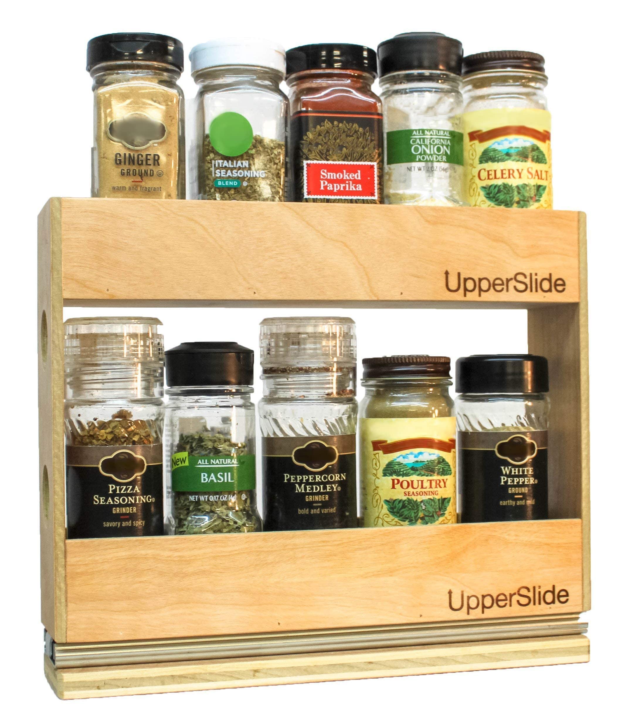 Pull Out Sliding Spice Rack for Kitchen Cabinets - Double Tier Small Spice Organizer (Model US 303DS) - Perfect for Upper Cabinet Storage & Spice Organization