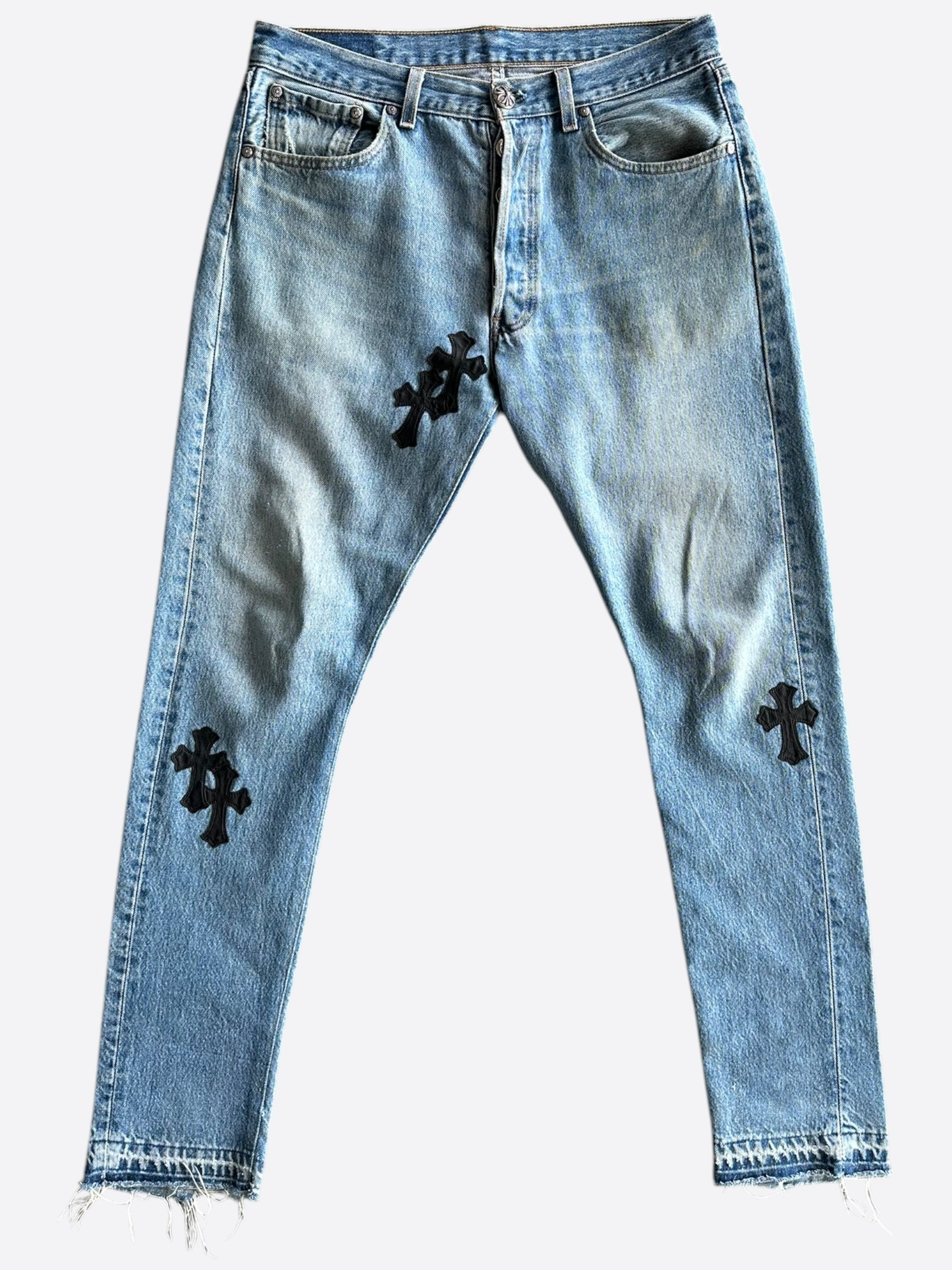 Chrome Hearts x Levi's Blue & Black Cross Patch Denim Jeans for Men - Stylish Vintage Streetwear for Casual Outfits and Night Out