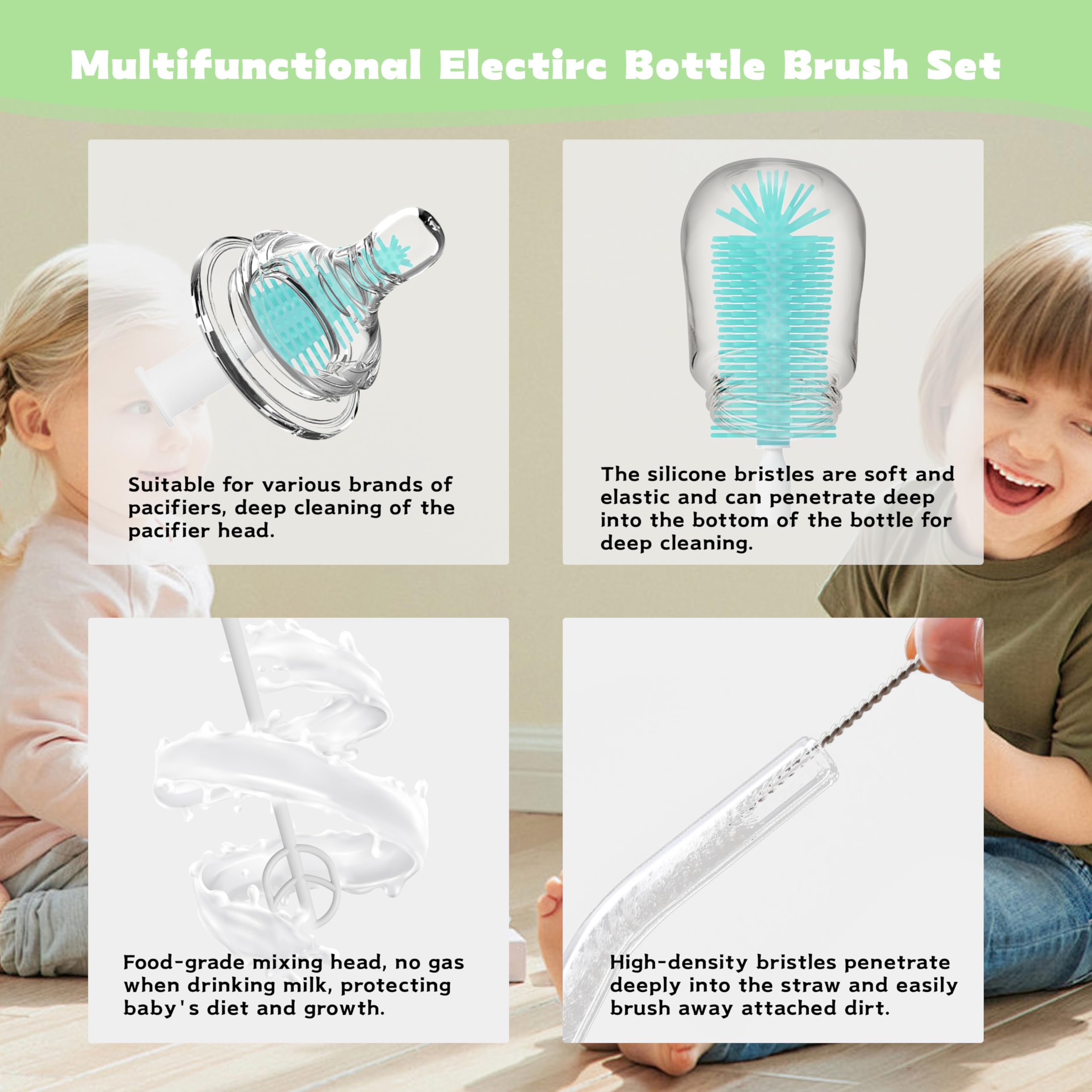Rechargeable Electric Bottle Brush Cleaner - Automatic Baby Bottle Cleaning Kit with Waterproof Design, Multi-Purpose Cleaning Brush for Bottles, Cups & Kitchenware (Green) | Perfect for Baby Bottles, Travel Mugs & Hard-to-Clean Containers