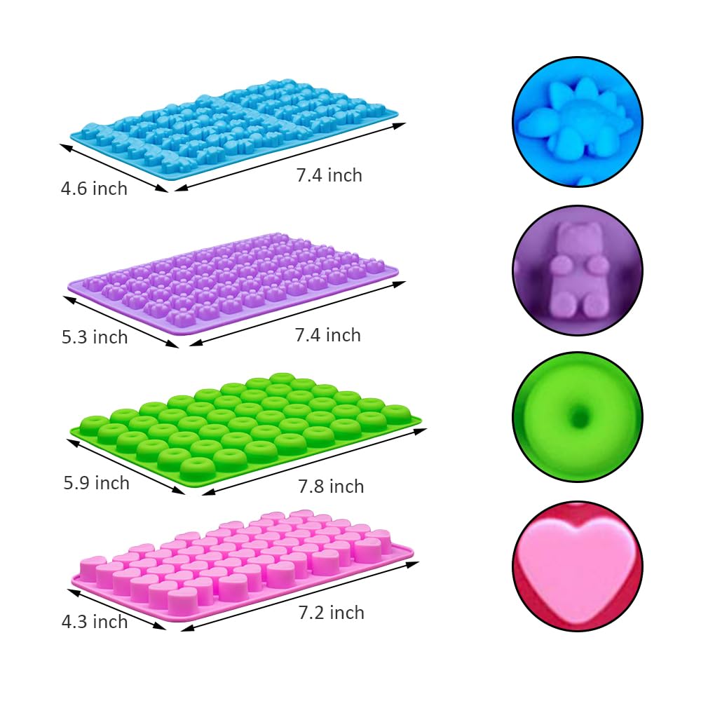 Premium Silicone Gummy Molds Set of 4 - Dinosaur, Bear, Donut & Heart Candy Molds with 2 Droppers for Easy Filling - Perfect for Homemade Chocolates, Gummy Bears, Candies & Party Treats - BPA-Free Baking Supplies for Kids & Adults