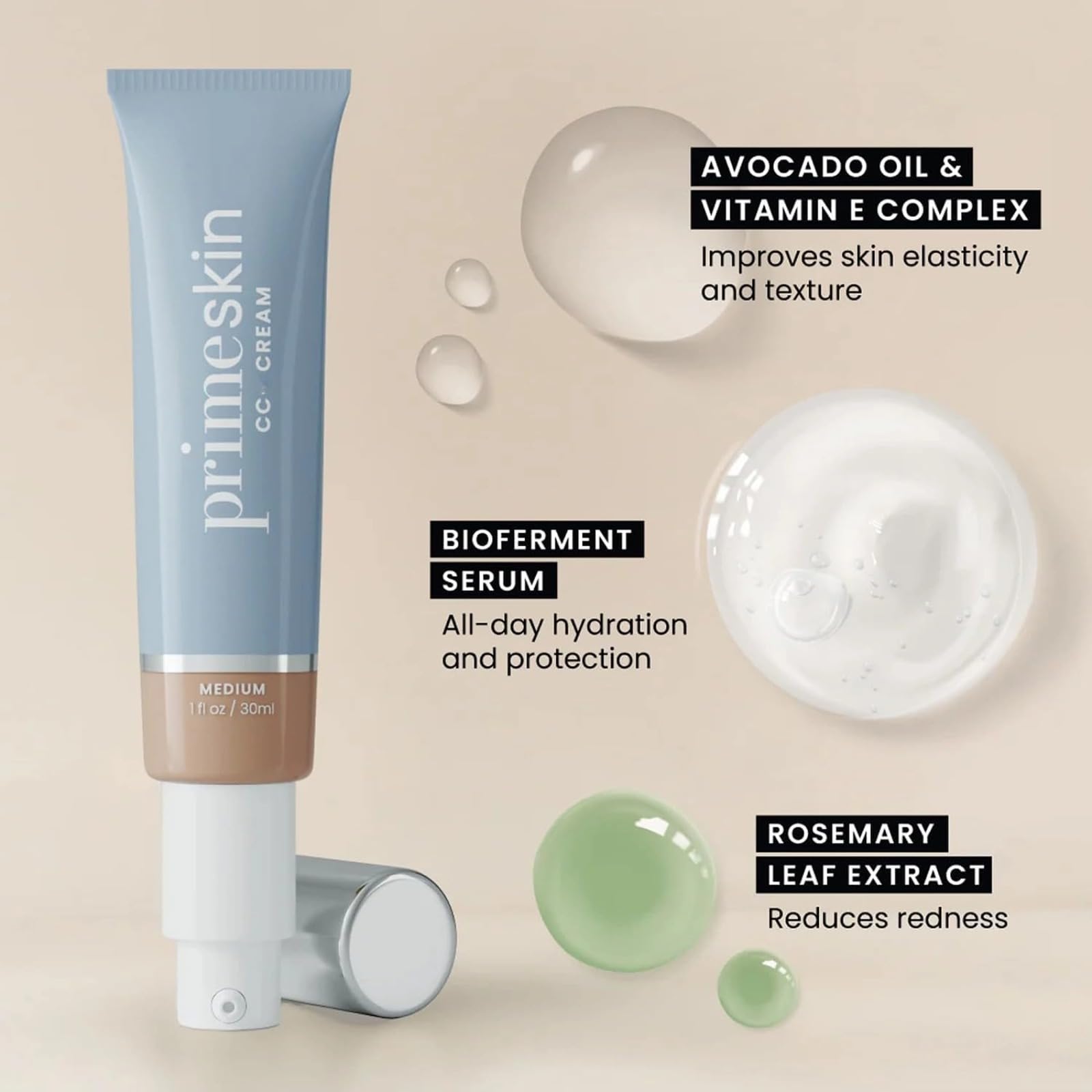 PrimeSkin CC Cream - Liquid Foundation Makeup for Women, 1 Fl Oz/30ml (Medium) | Lightweight Coverage, Natural Finish | Perfect for Daily Wear & Special Occasions