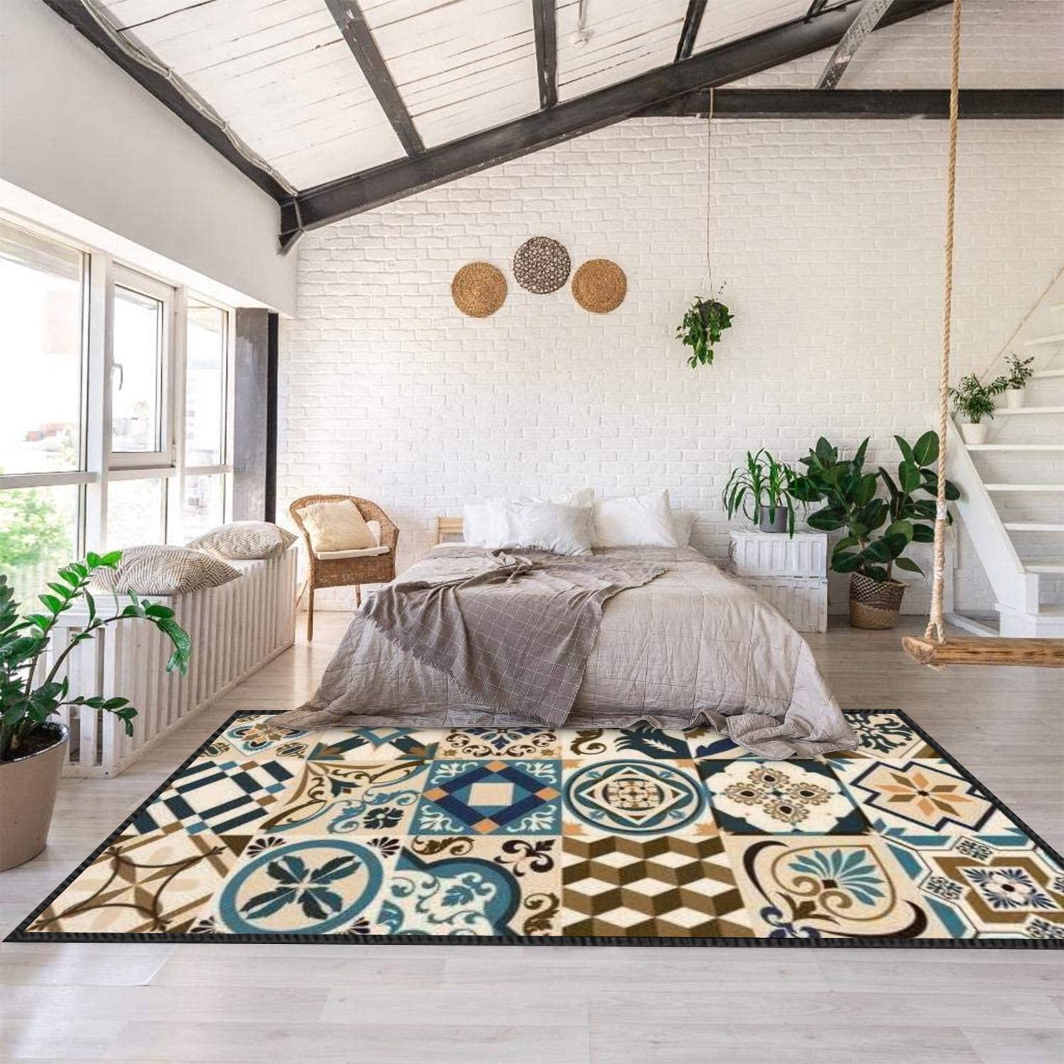 Lisbon Geometric Azulejo Tile Area Rug - Portuguese & Spanish Retro Design, Modern Abstract Soft Non-Slip Floor Carpet for Living Room, Bedroom, Kids Room | Indoor/Outdoor Use in Home Decor